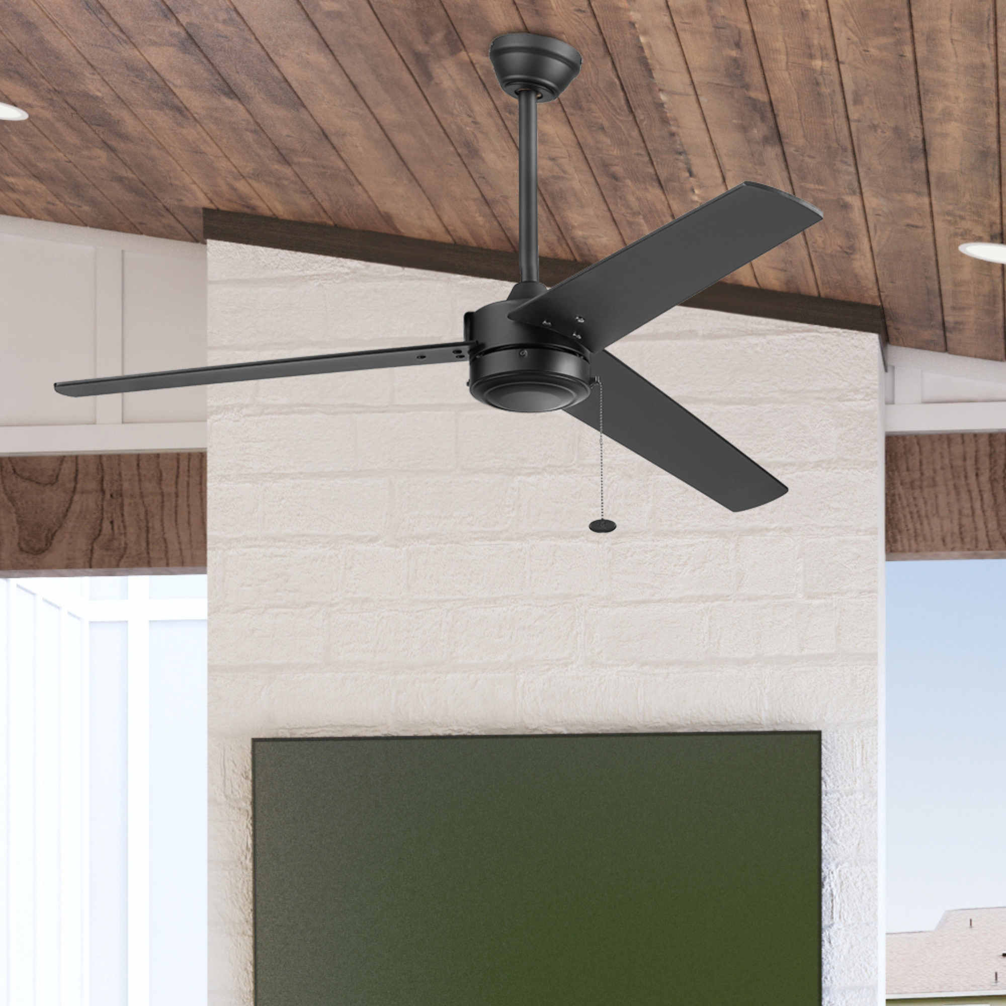 52 Inch Matte Black Ceiling Fan with Pull Chain - Indoor/Outdoor Use for Living Room, Bedroom, Patio & Covered Porch