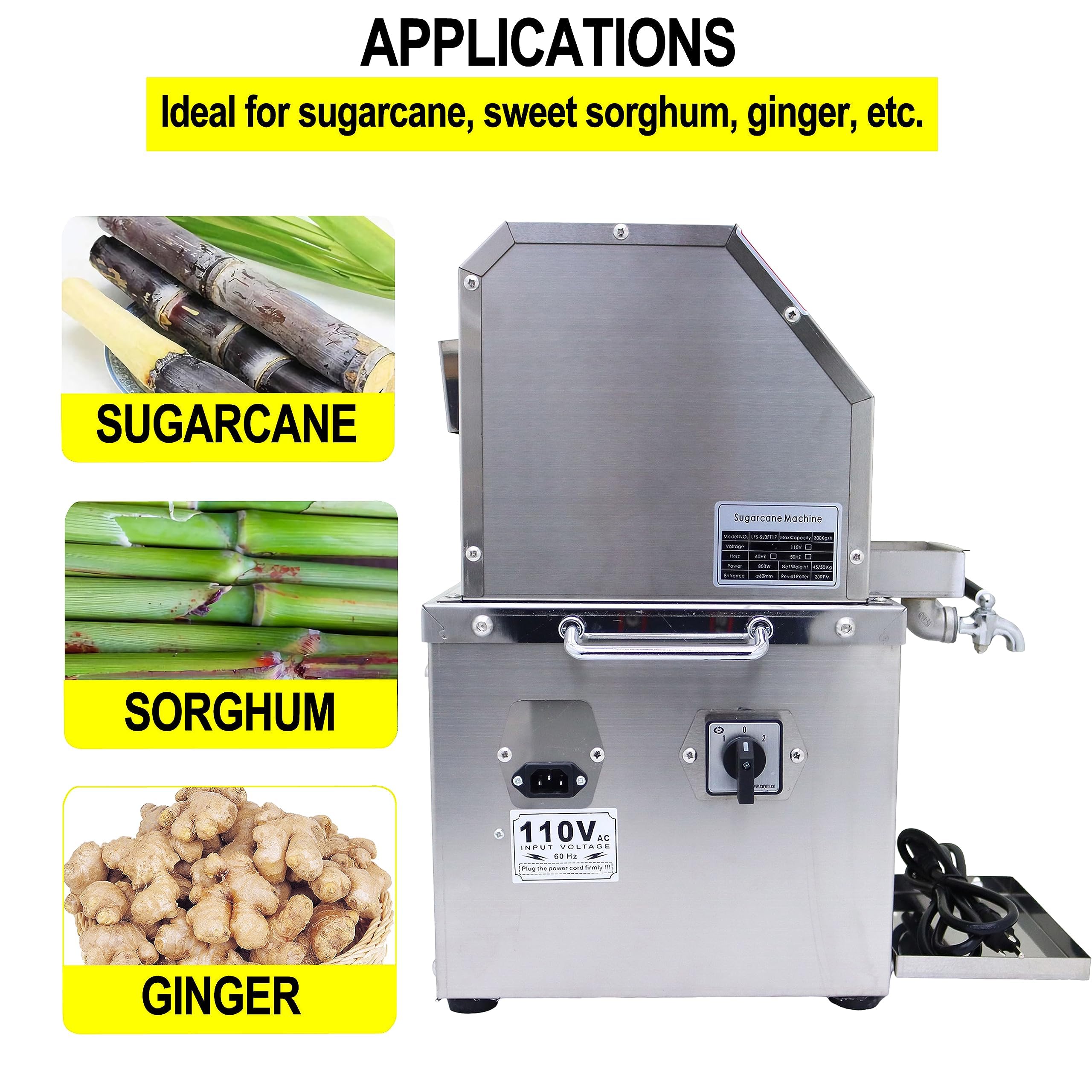 TECHTONGDA 110V 800W Commercial Electric Sugar Cane Juicer Machine - 3 Stainless Steel Rollers, 2 Peeling Knives, 660 LBS/H Output - Perfect for Juice Bars, Restaurants & Street Vendors