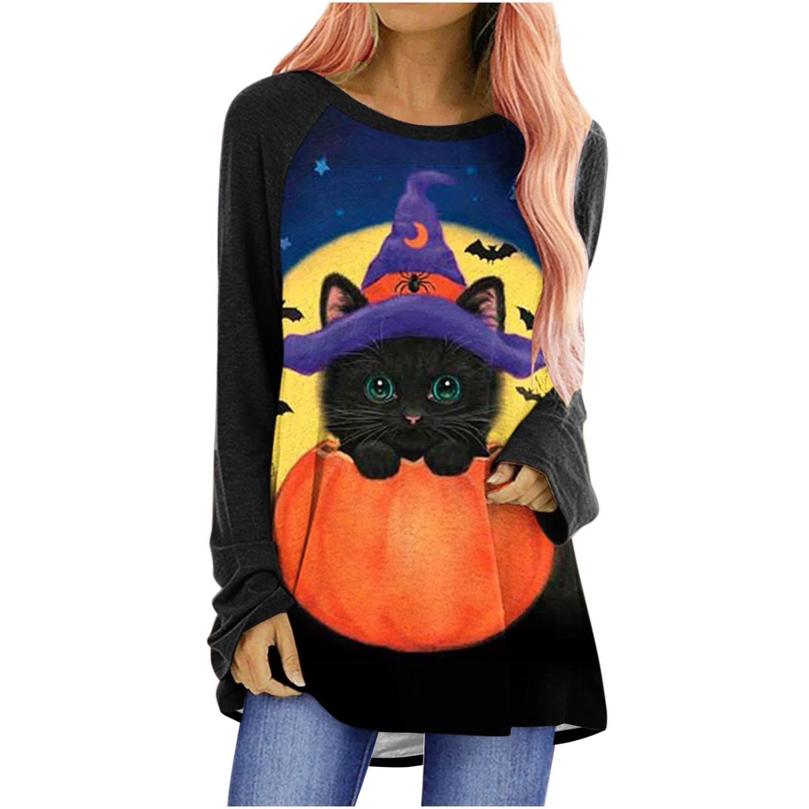 HAOREEKZ Women's Halloween Printed Sweatshirt - Long Sleeve Casual Pullover Blouse for Fall & Halloween Parties | Cozy Medium Length Top for Pumpkin Carving, Trick-or-Treating & Spooky Season Outfits