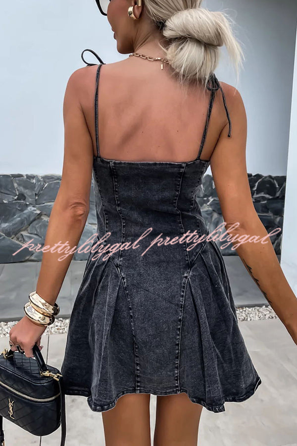 Sweet and Unique Washed Denim Stretch Mini Dress with Center Front Zipper - Perfect for Casual Outings, Date Nights & Summer Parties
