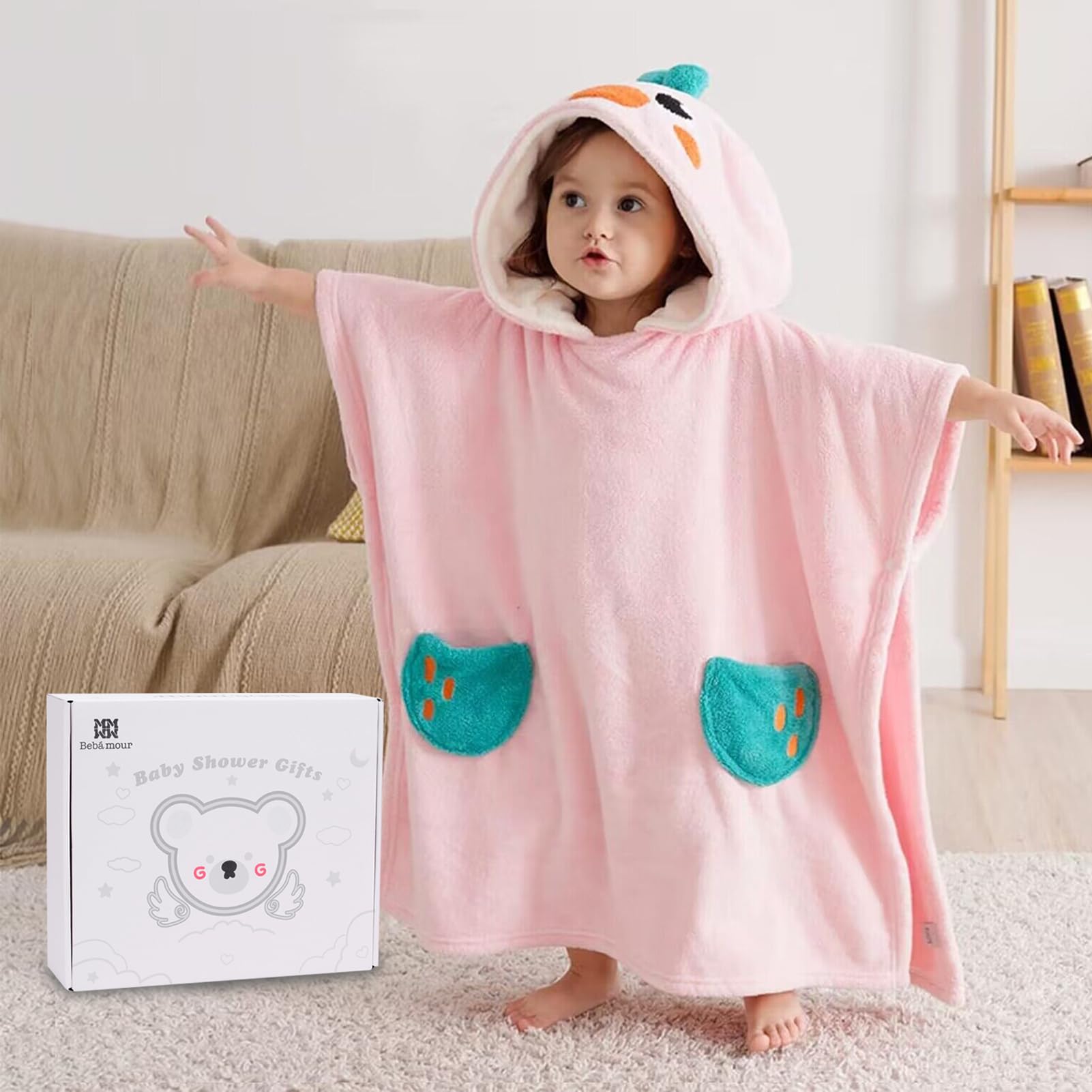 Bebamour Baby Hooded Towel and Washcloth Set - Soft Absorbent Bath Towels with Cute Pink Animal Design for Newborns, Infants & Toddlers - Perfect for Bath Time, Swimming Lessons & Spa Days