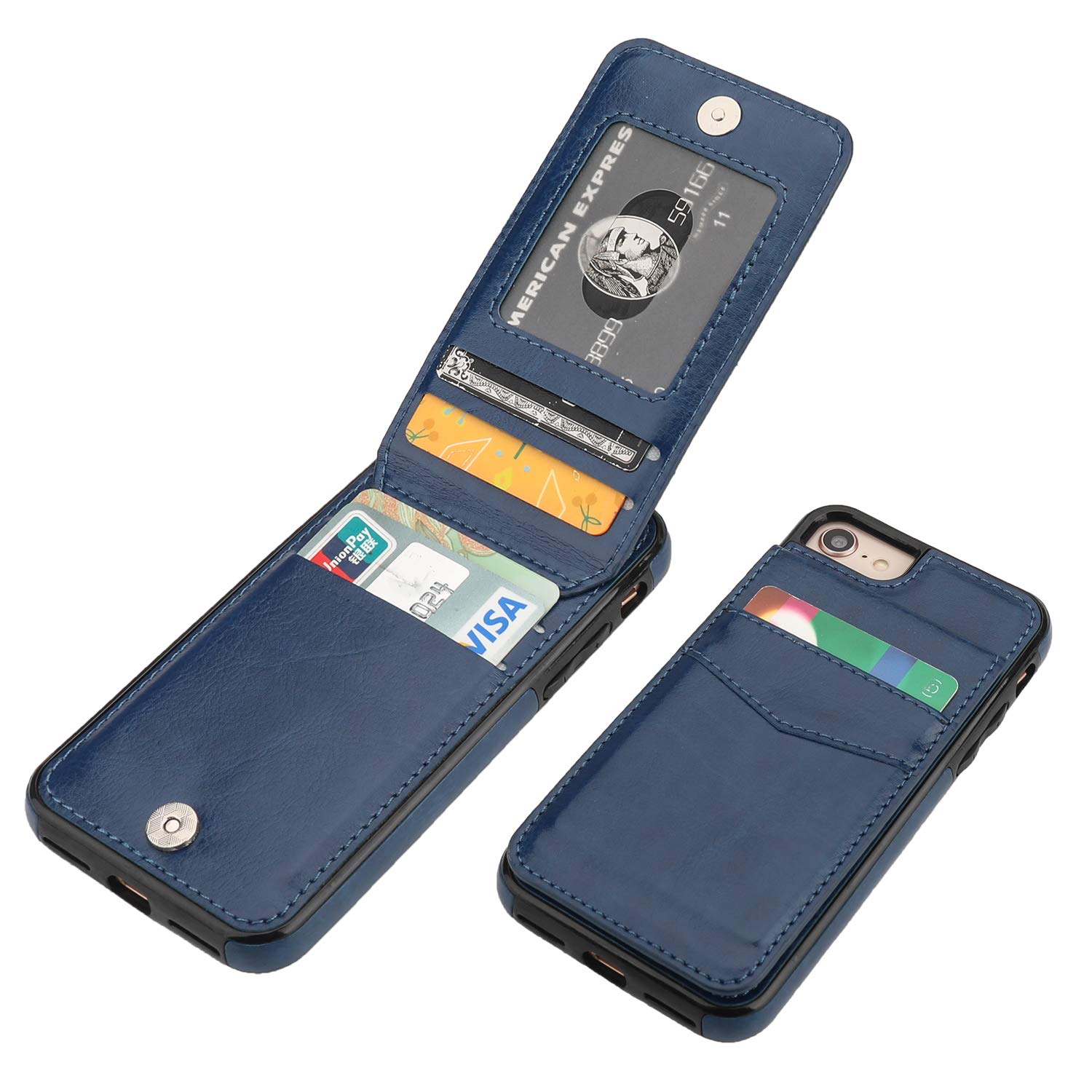 Premium Leather iPhone 7/8/SE 4.7 Inch Case with Credit Card Holder & Magnetic Clasp - Heavy Duty Protective Wallet Cover with Kickstand (Blue) - Perfect for Travel, Business & Everyday Use