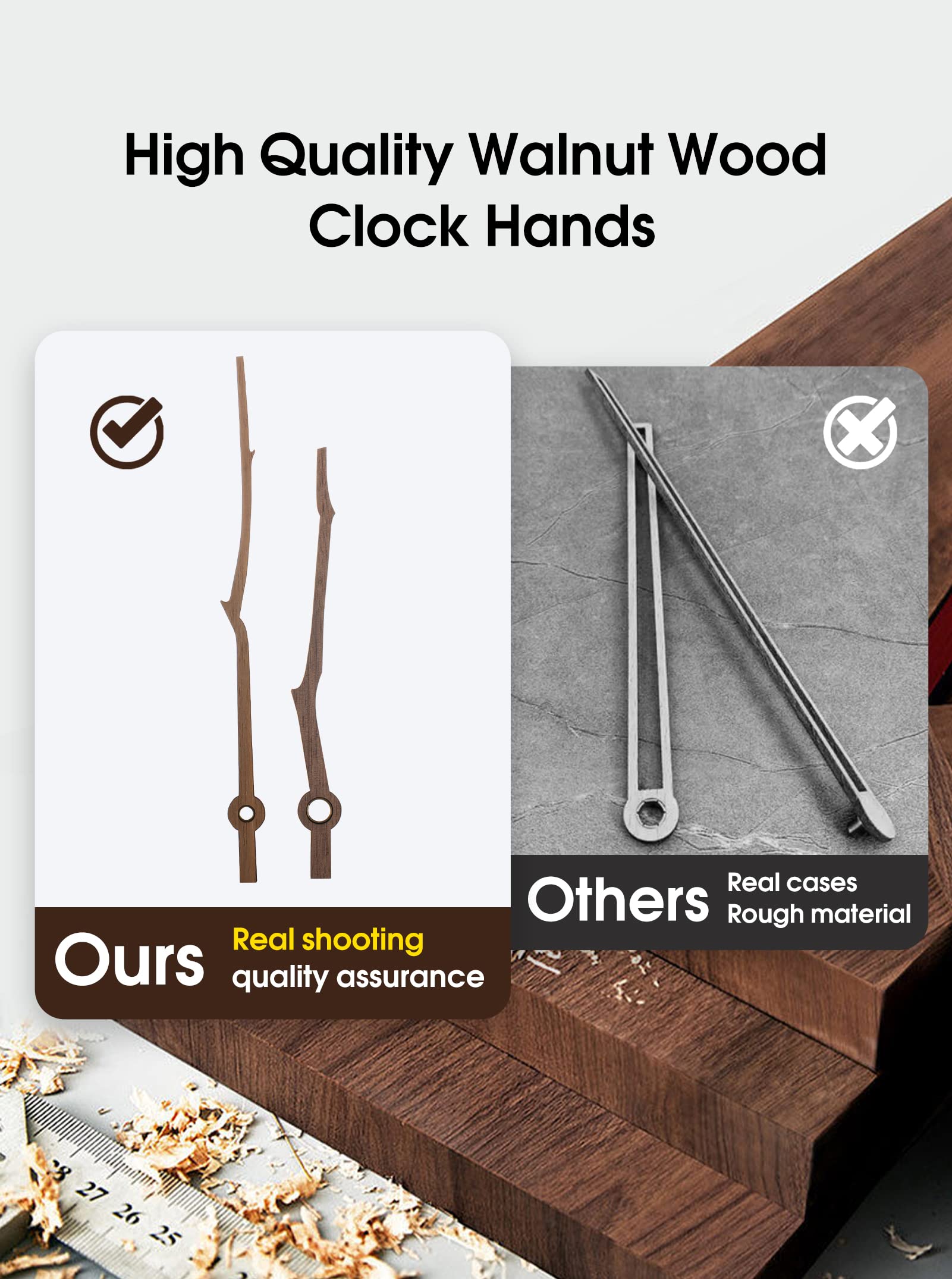 4 Pack Silent Quartz Clock Movement Mechanism with Walnut Wood Hands - Long Shaft DIY Repair Kit for 12-14 Inch Clocks | Perfect for Wall Clocks, Craft Projects & Home Decor Replacement Parts