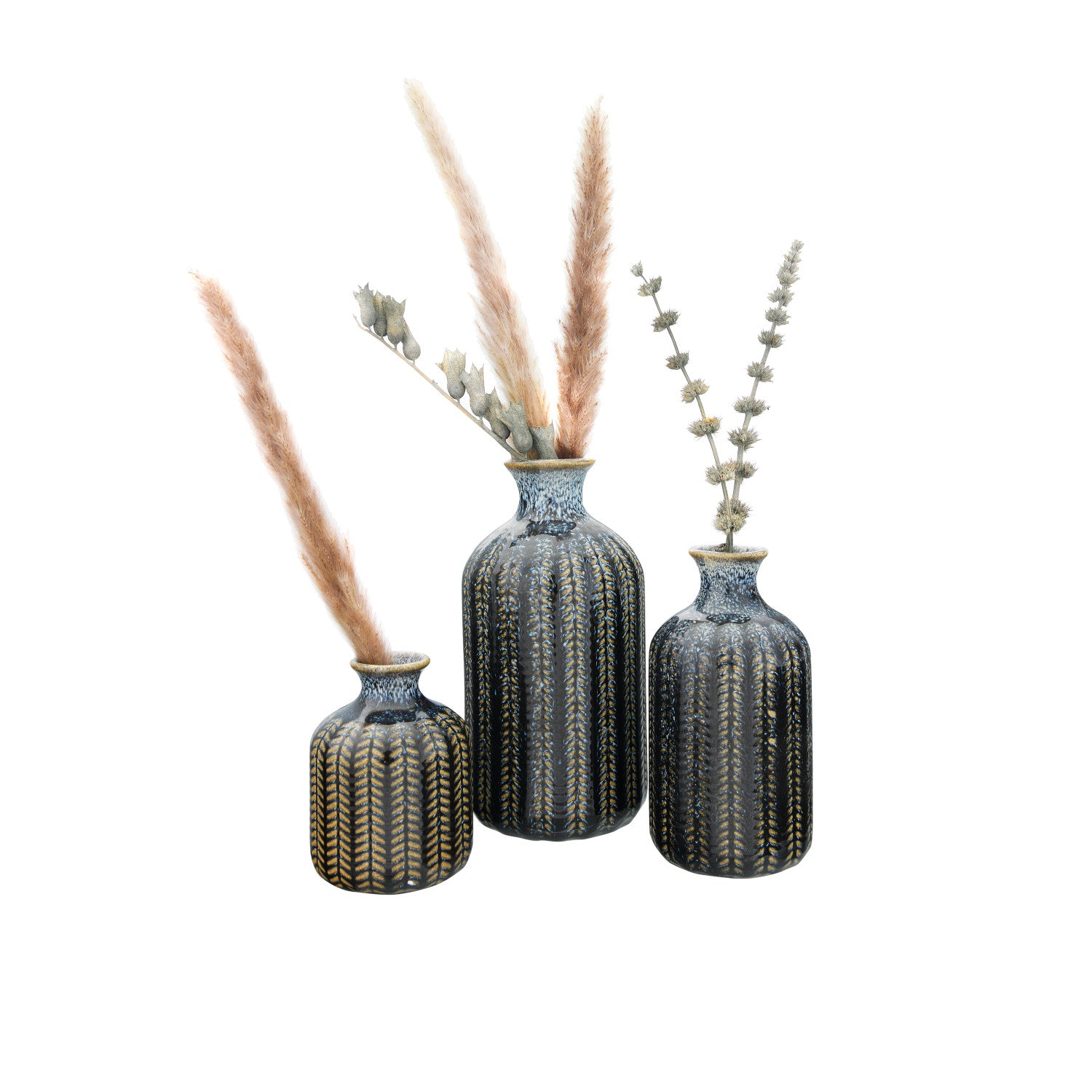 Handmade Embossed Stoneware Vase Set - Elegant Ceramic Flower Vases for Home Decor, Wedding Centerpieces & Boho Chic Interior Design