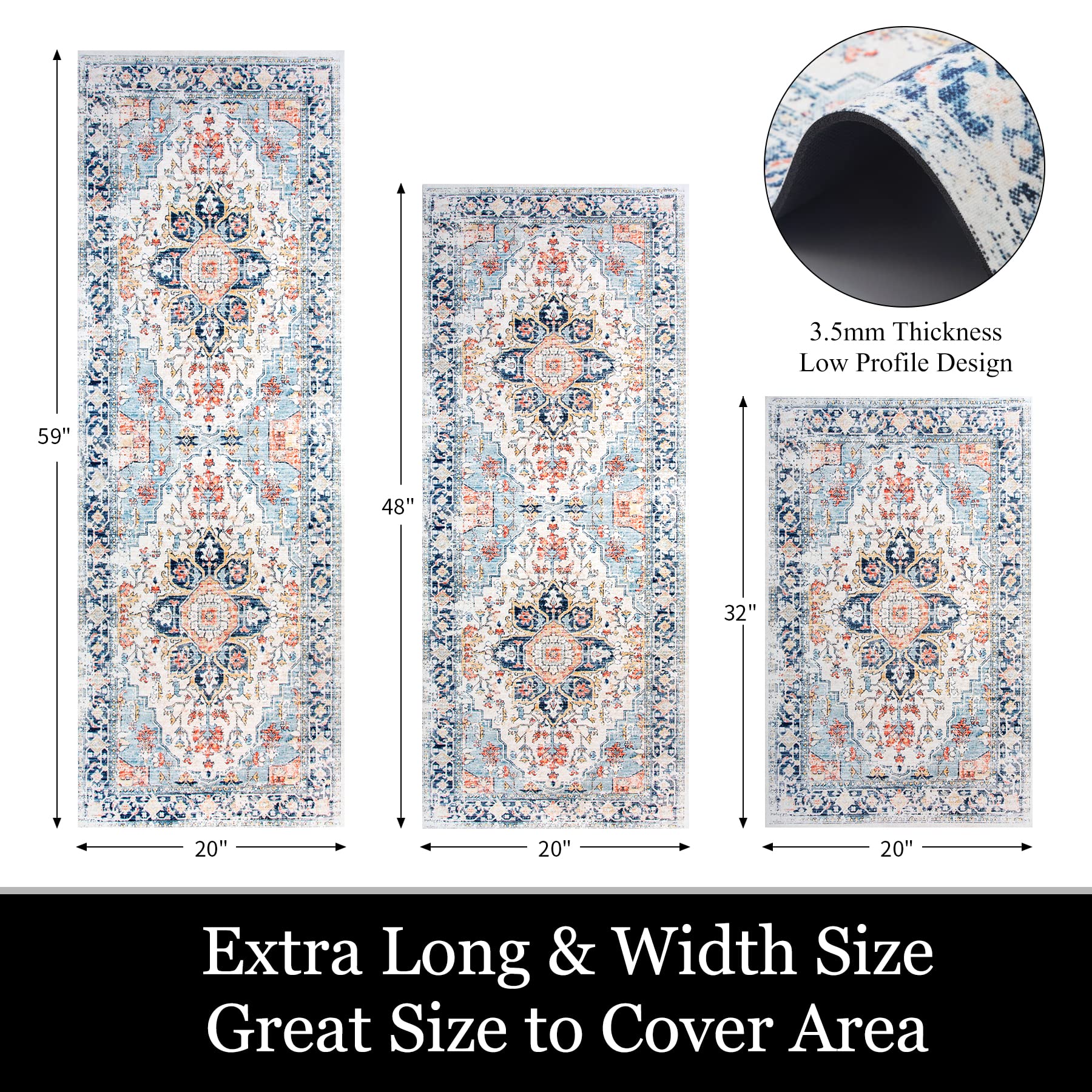 Non-Slip Kitchen Rug Set of 3 with Rubber Backing - Easy Clean Floor Mats for Kitchen, Laundry Room, Entryway & Hallway - Blue & Orange Design for Home Decor & Safety