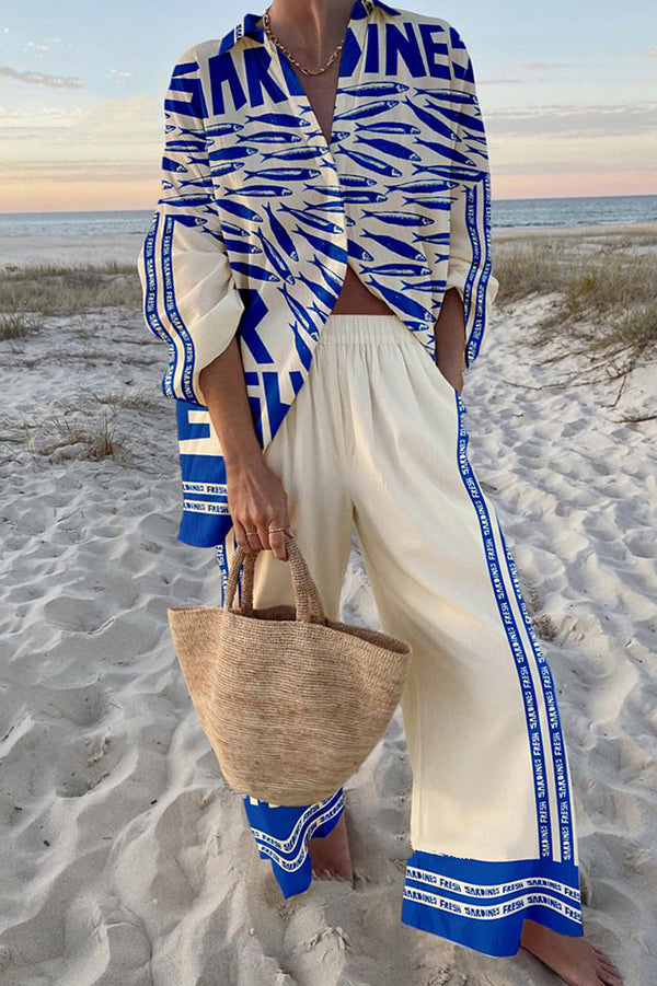 Stylish Ocean Print Oversized Shirt & Elastic Waist Pocket Pants Set - Women's Casual Loungewear for Beach Vacation & Summer Outfits