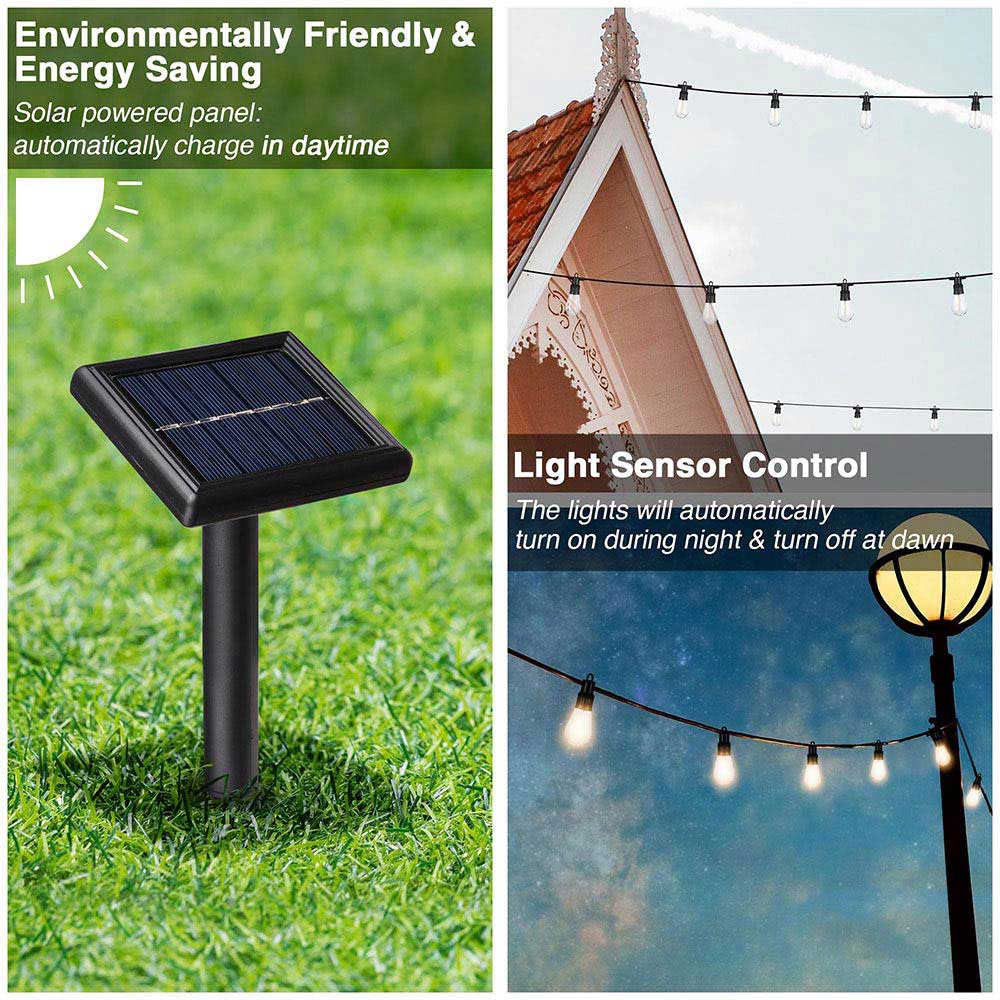 Solar Powered Outdoor String Lights - 15 LED Bulbs, 48ft Waterproof Bistro Lights for Patio, Garden, Backyard & Wedding Decor