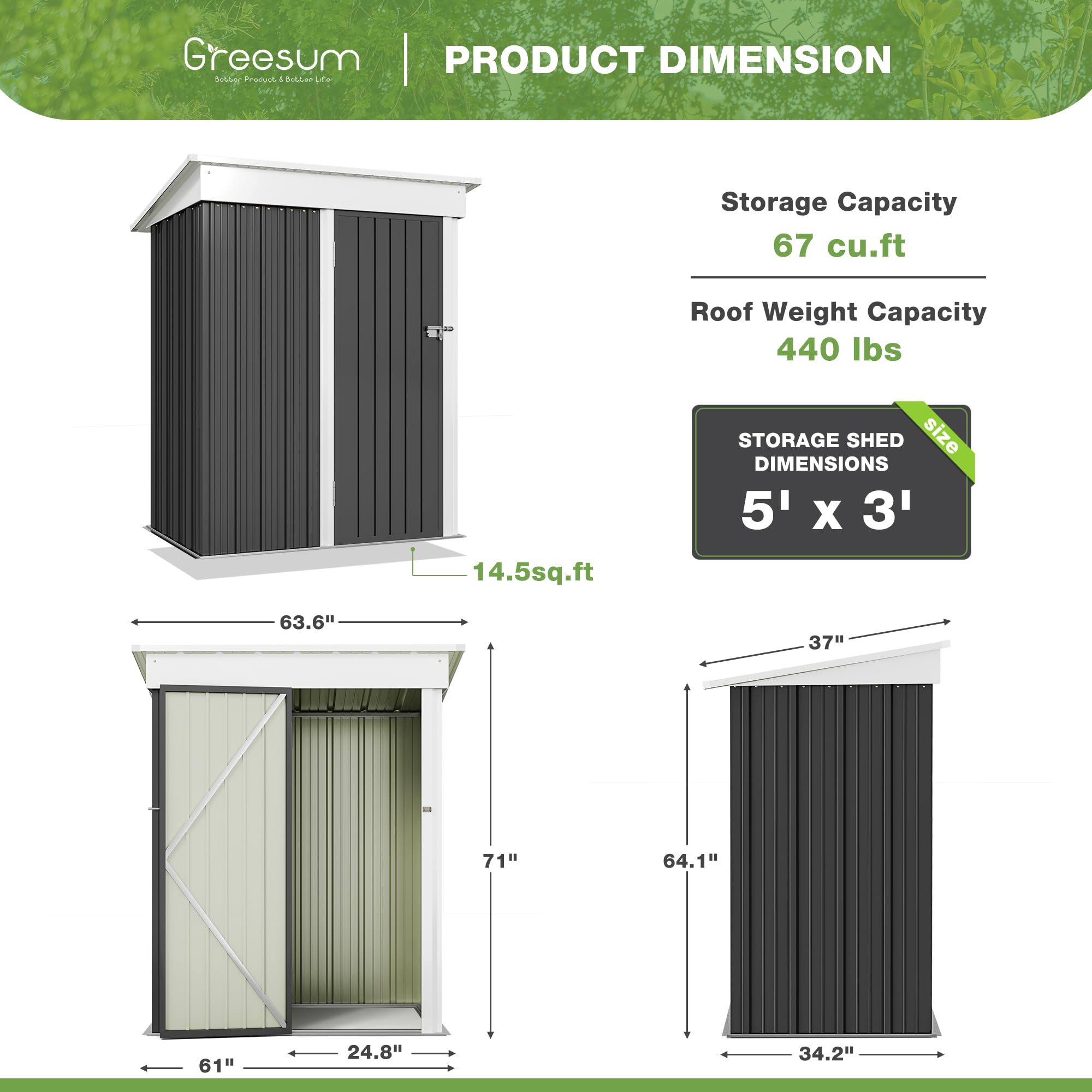 Greesum 5FT x 3FT Outdoor Storage Shed - Steel Utility Tool Shed with Lockable Door for Garden, Patio & Backyard | Weatherproof Metal Storage House for Lawn Equipment, Gardening Tools & Outdoor Gear (Gray)
