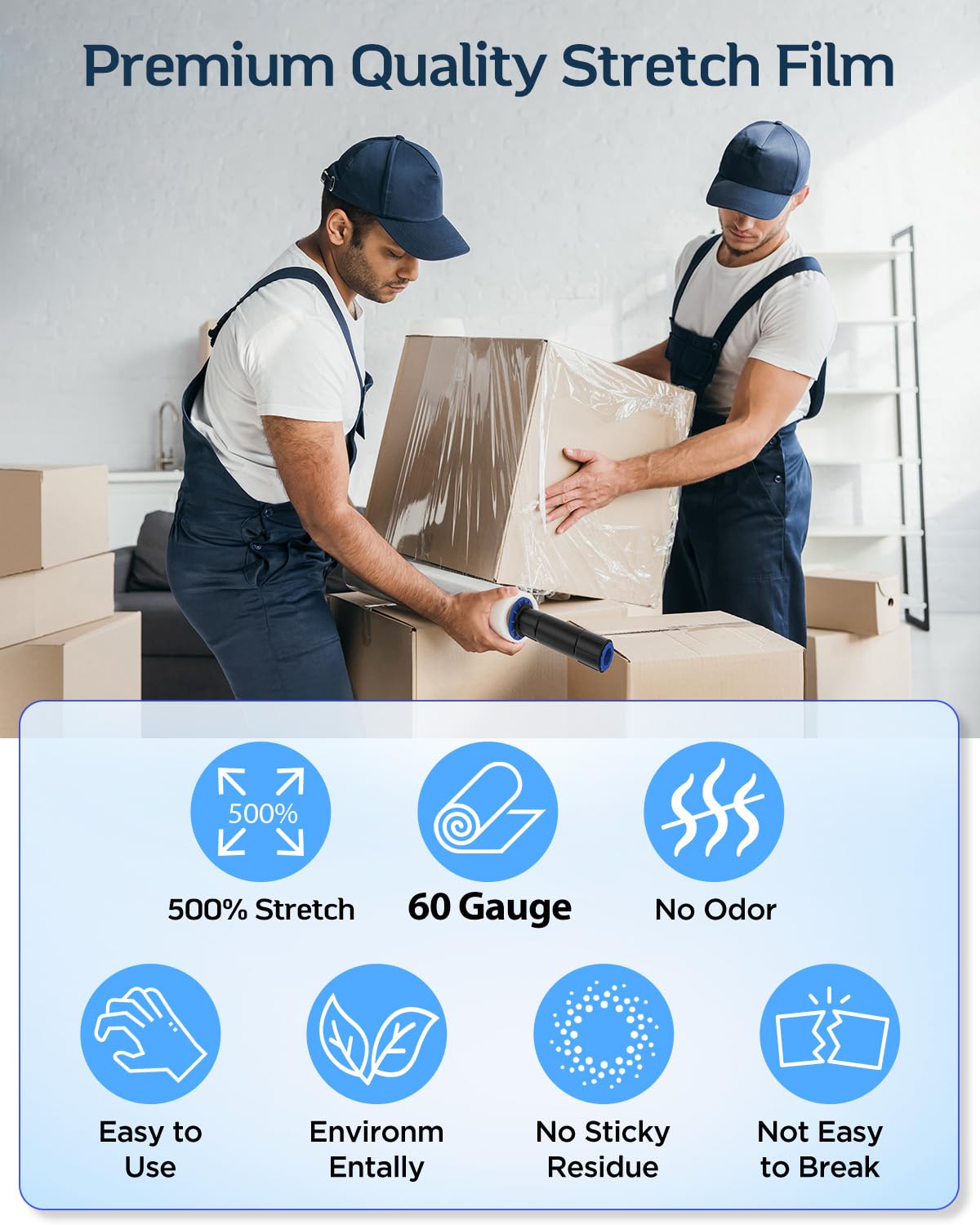 FugaCity Heavy Duty Stretch Wrap Film - 15 Inch x 1000 FT, 60 Gauge Clear Plastic Shrink Wrap for Furniture, Shipping & Moving Supplies | Industrial Strength with 500% Stretch (4 Rolls with Handles) | Perfect for Home Moving, Warehouse Packaging & Pallet Stabilization