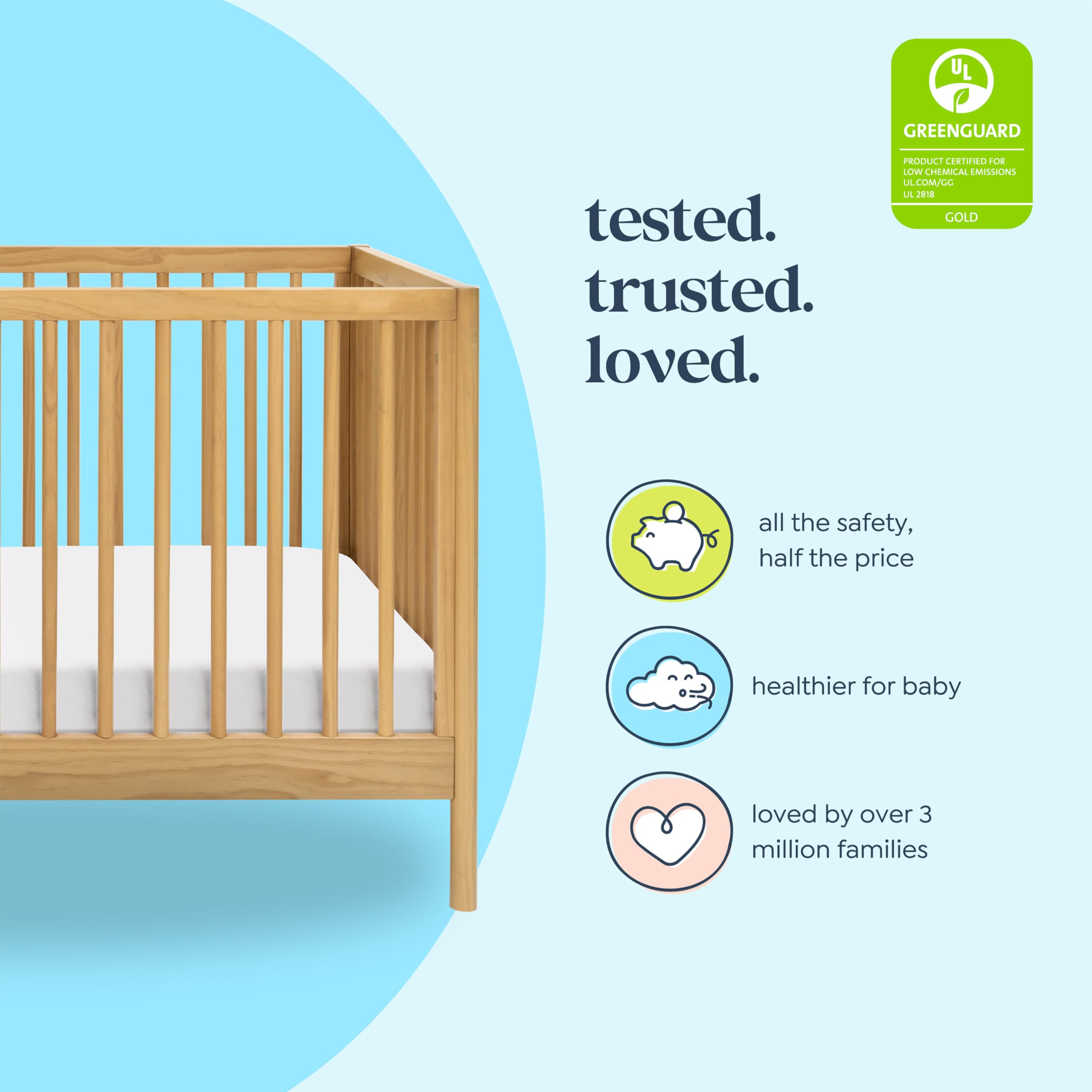 DaVinci Birdie 3-in-1 Convertible Baby Crib - GREENGUARD Gold Certified, Converts to Toddler Bed & Daybed - Adjustable Height Wooden Crib with Easy Assembly - Honey Finish - Perfect for Nursery, Bedroom & Daycare Use
