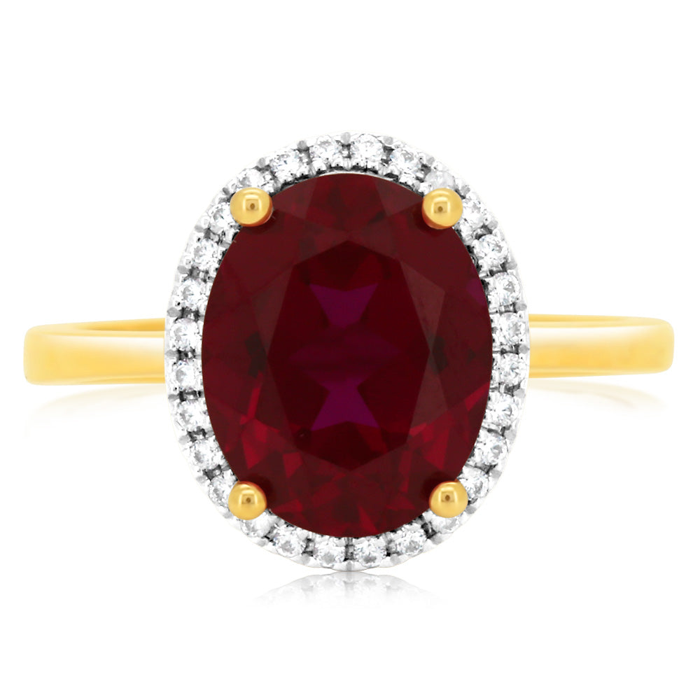 9ct Yellow Gold 2.9 Carat Created Ruby & 28 Cubic Zirconia Ring for Women - Elegant Vintage Style Jewelry Gift for Anniversary, Engagement or Special Occasions