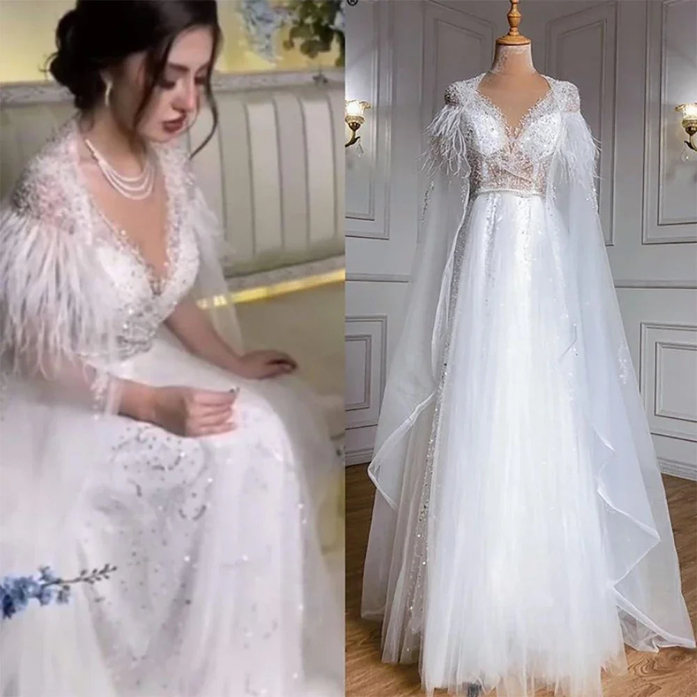 Luxury Dubai Grey Evening Formal Dress with Feather Cape Shawl - Gold Arabic Women's Wedding Party Gown LA70640 | Elegant Long Gown for Special Occasions, Galas & Red Carpet Events