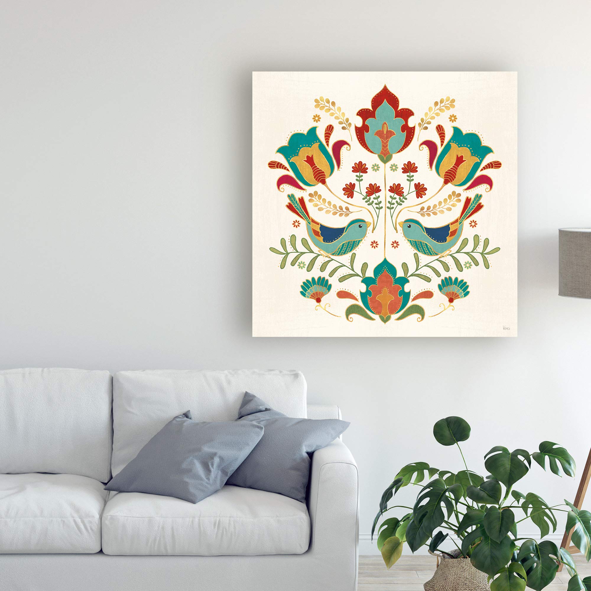 Trademark Fine Art Folk Floral 3 by Veronique Charron - 18x18 Inch Canvas Wall Art - Perfect for Living Room, Bedroom & Office Decor