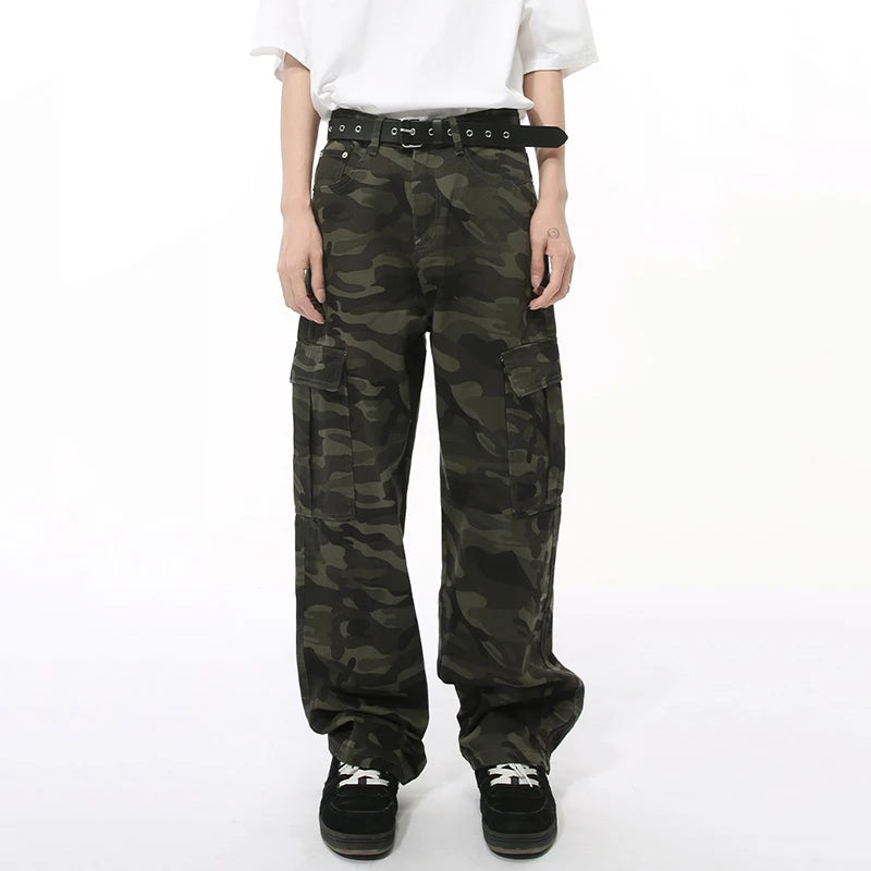 American Style Men's Denim Pants - Camouflage Print with Big Pockets, Straight Wide Leg Loose Fit Jeans for Casual Wear (Model 9C7508) | Perfect for Outdoor Adventures and Street Fashion