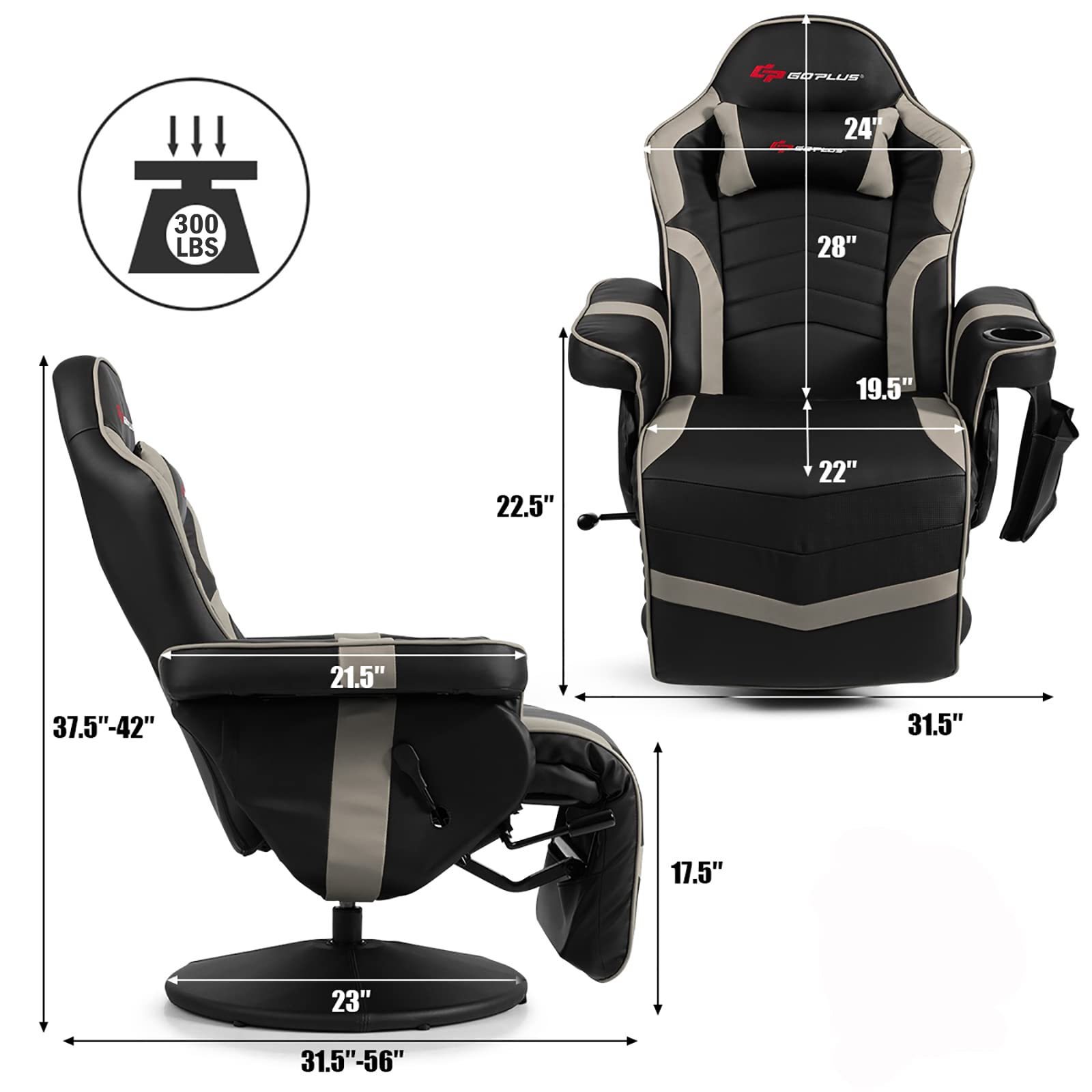 Powerstone Ergonomic Gaming Recliner Chair with Massage & Footrest - PU Leather Video Game Chair with Adjustable Headrest, Cup Holder & Side Pouch - Comfortable Home Theater Seating for Living Room & Game Room (Grey) - Perfect for Esports, Console Gaming & Movie Nights