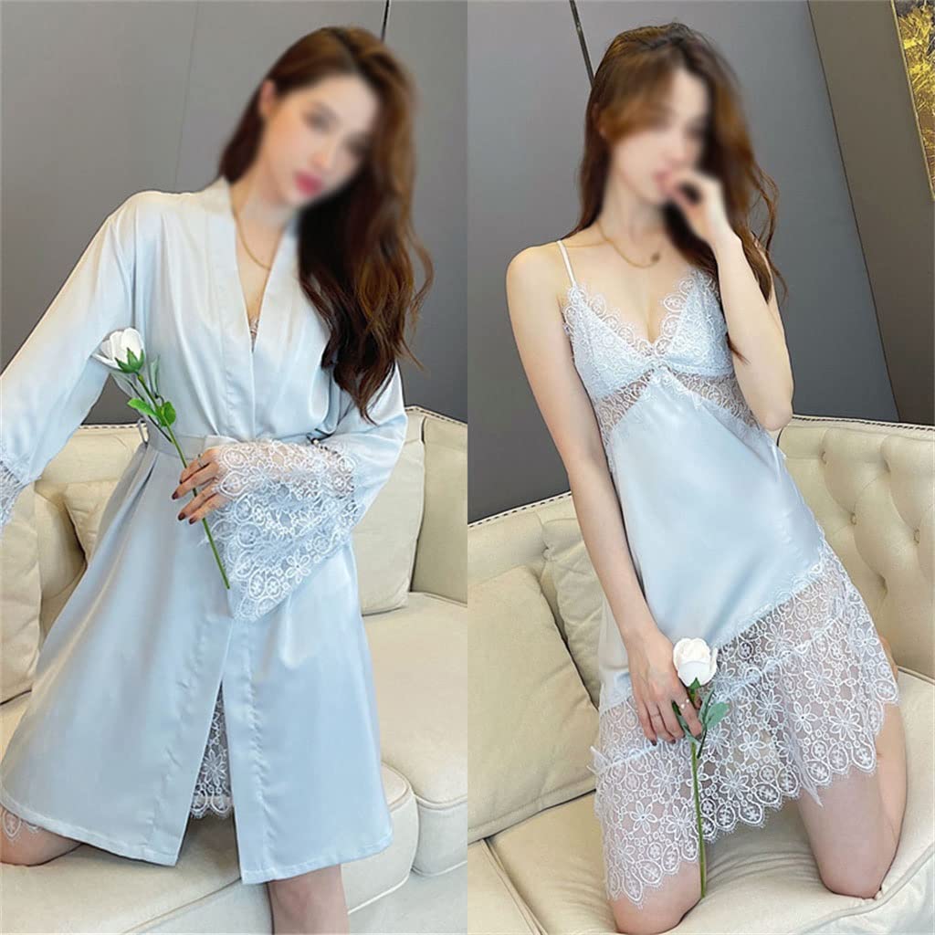 Sexy Lace Robe Pajama Set for Women - Summer Sleepwear Nightgown & Lounge Dress - Blue Lingerie Housewear (Size L) - Perfect for Bedtime, Spa Days & Relaxing at Home