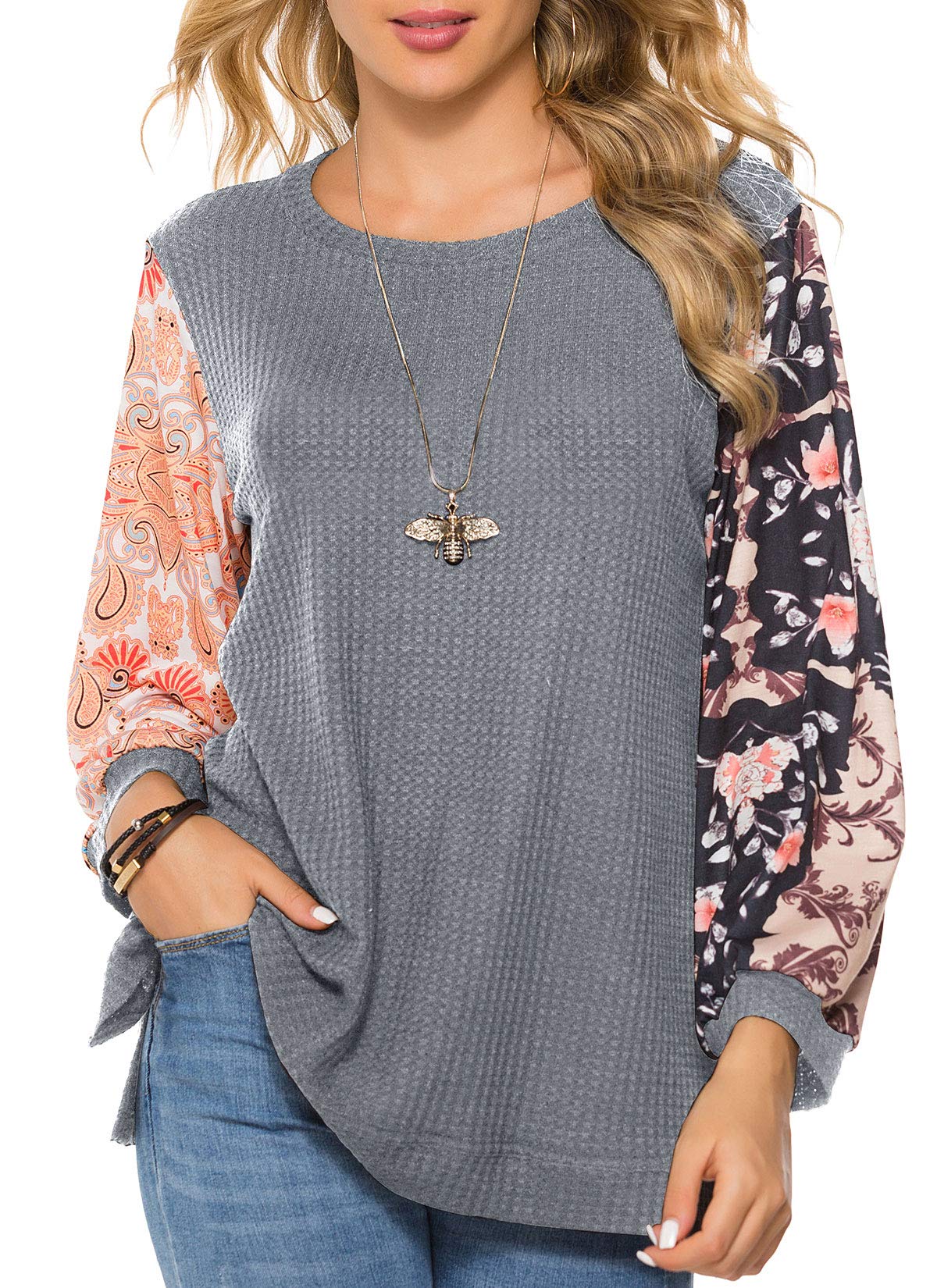 HOCOSIT Women's Waffle Knit Tunic Top - Printed Stitching Long Sleeve Loose Blouse with Round Neck & Side Split | Casual Fall Outfit, Workwear, Layering Shirt for Women