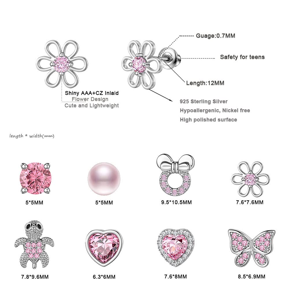 TOPBRIGHT 8 Pairs Hypoallergenic 925 Sterling Silver Earrings - Heart & CZ Tiny Butterfly Stud Earrings for Kids, Toddlers, Girls, Teens & Women | Perfect for Sensitive Ears, Everyday Wear & Special Occasions