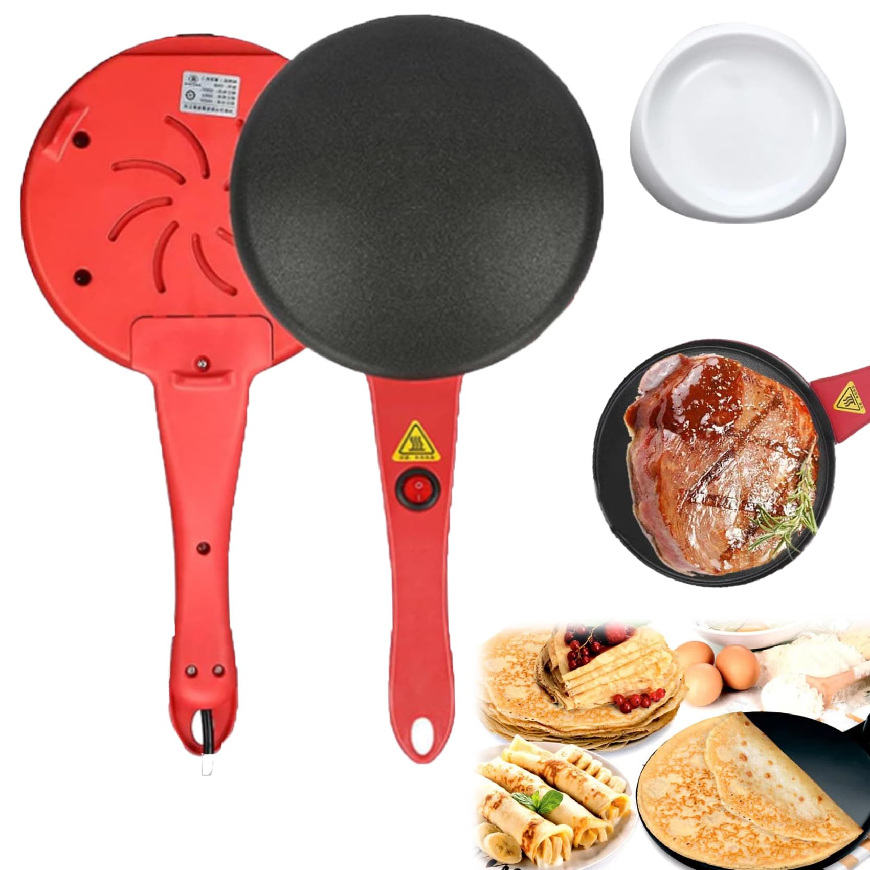 Electric Crepe Maker 7 Inch Non-Stick Pancake Machine - Portable Instant Crepe Pan with Egg Beater & Batter Pot - Perfect for Breakfast, Brunch & Dessert Making at Home, Parties or Cafes (Red)