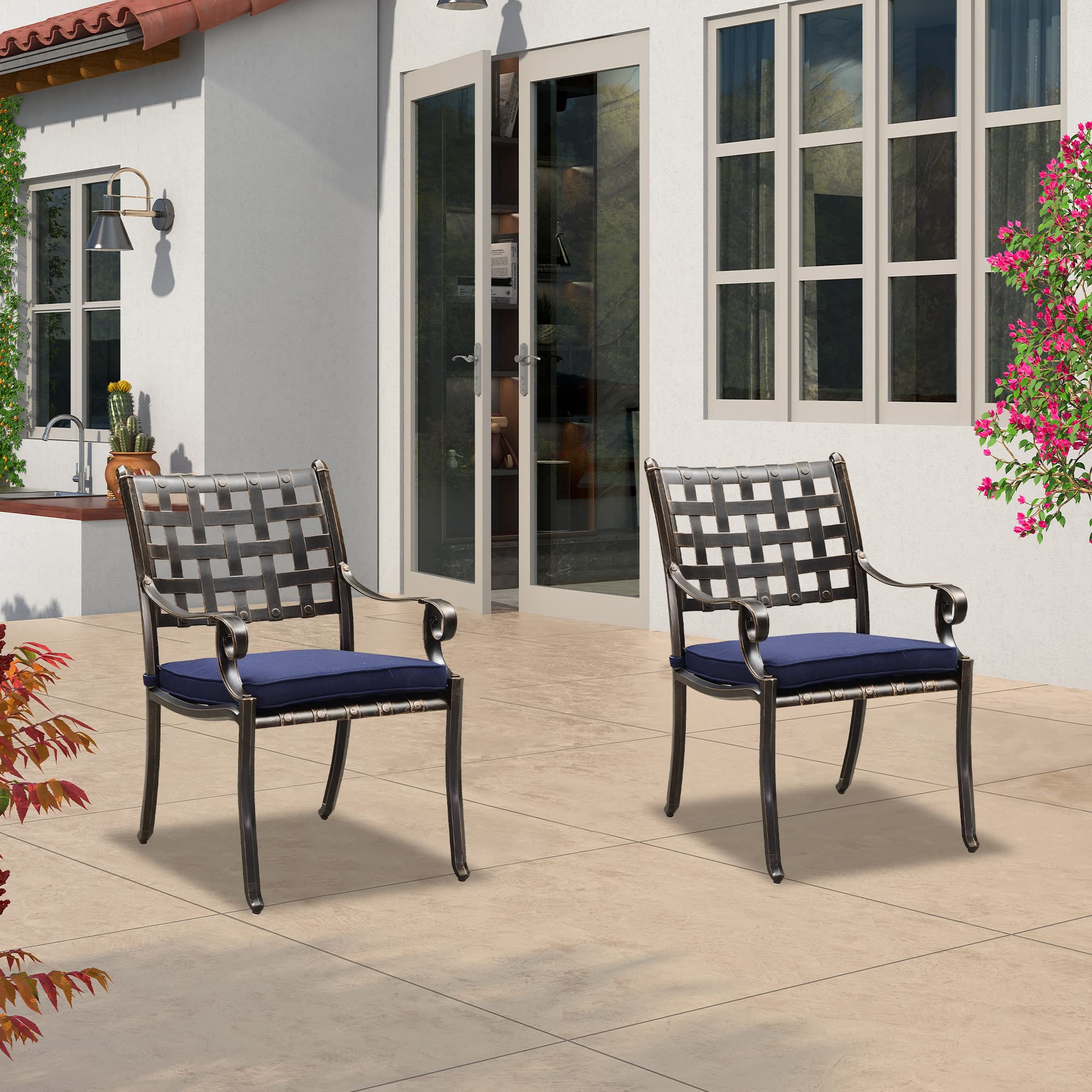 Purple Leaf Outdoor Dining Chair Set - 2 Cast Aluminum Patio Chairs with Cushions, Navy Blue Lattice Design for Lawn, Yard & Garden - Perfect for Backyard BBQs, Poolside Relaxation & Outdoor Entertaining