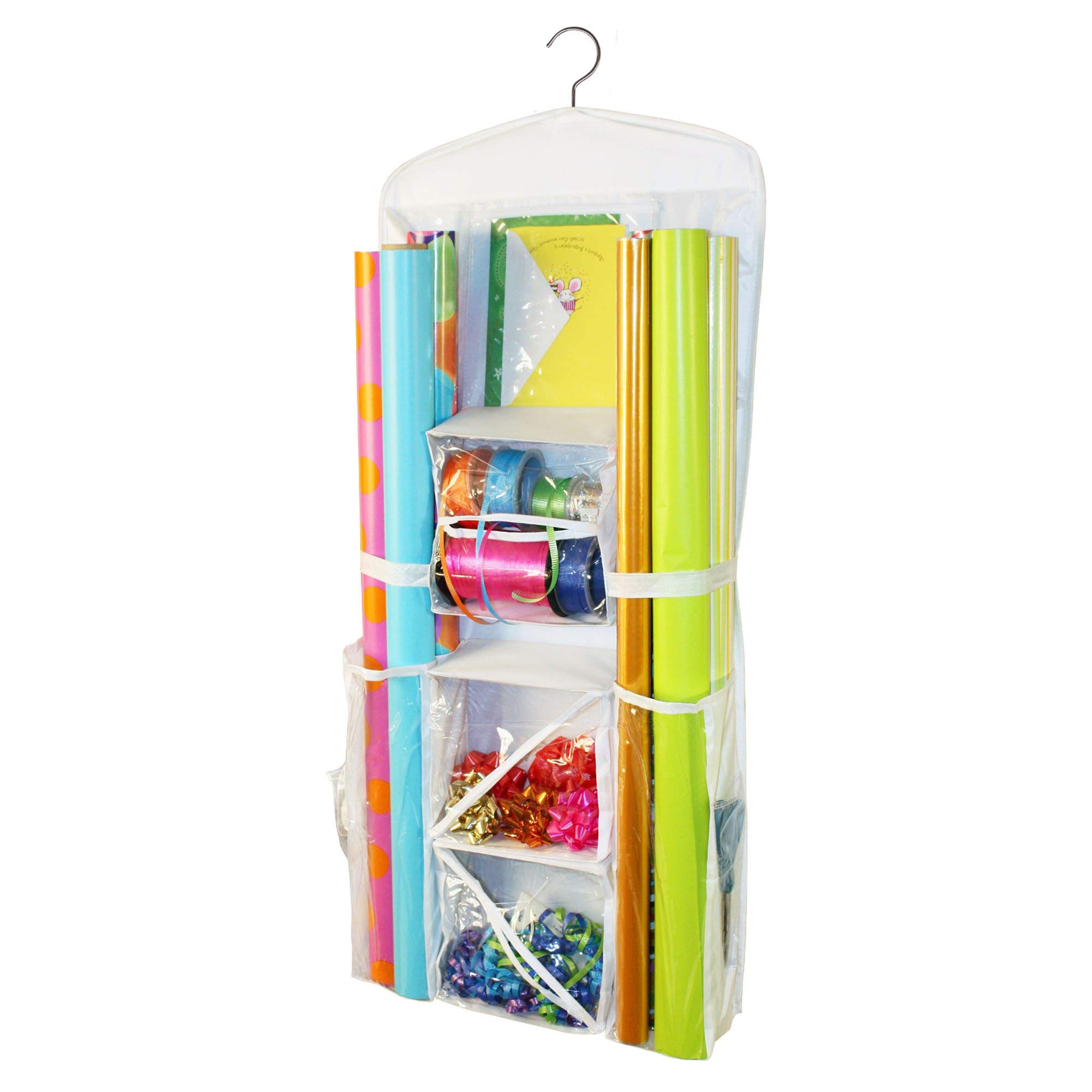 Gift Wrap Organizer Storage - Hanging Bag & Box for Wrapping Paper Rolls, Gift Bags, Bows & Ribbons - Clear Pockets & Hook for Closet Organization - Perfect for Holiday Gift Wrapping & Home Storage Solutions