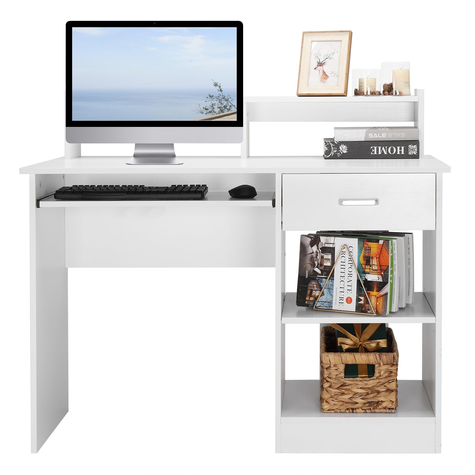 Ergonomic Computer Desk with Keyboard Tray | Home Office Workstation with Drawer | Solid Wood Laptop Desk for Students & Professionals | Perfect for Small Spaces & Remote Work Setup