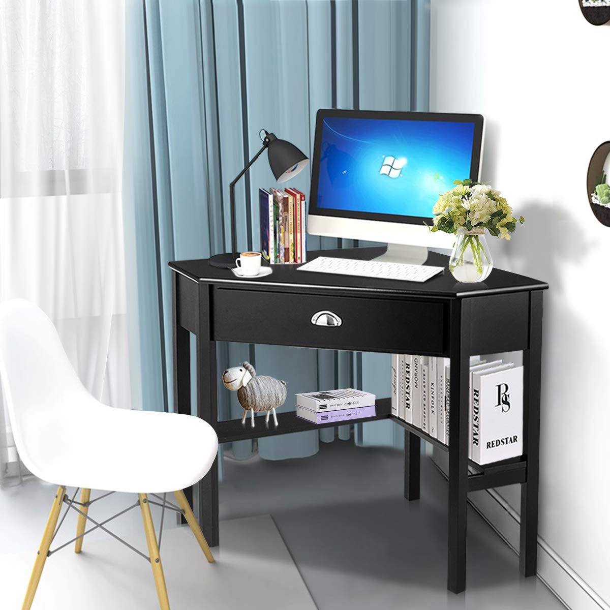 Tangkula Corner Desk with Drawer & Storage Shelves - 90° Triangle Computer Desk for Small Spaces, Home Office & Makeup Vanity | Compact Workspace Solution for Apartments, Dorms & Bedrooms