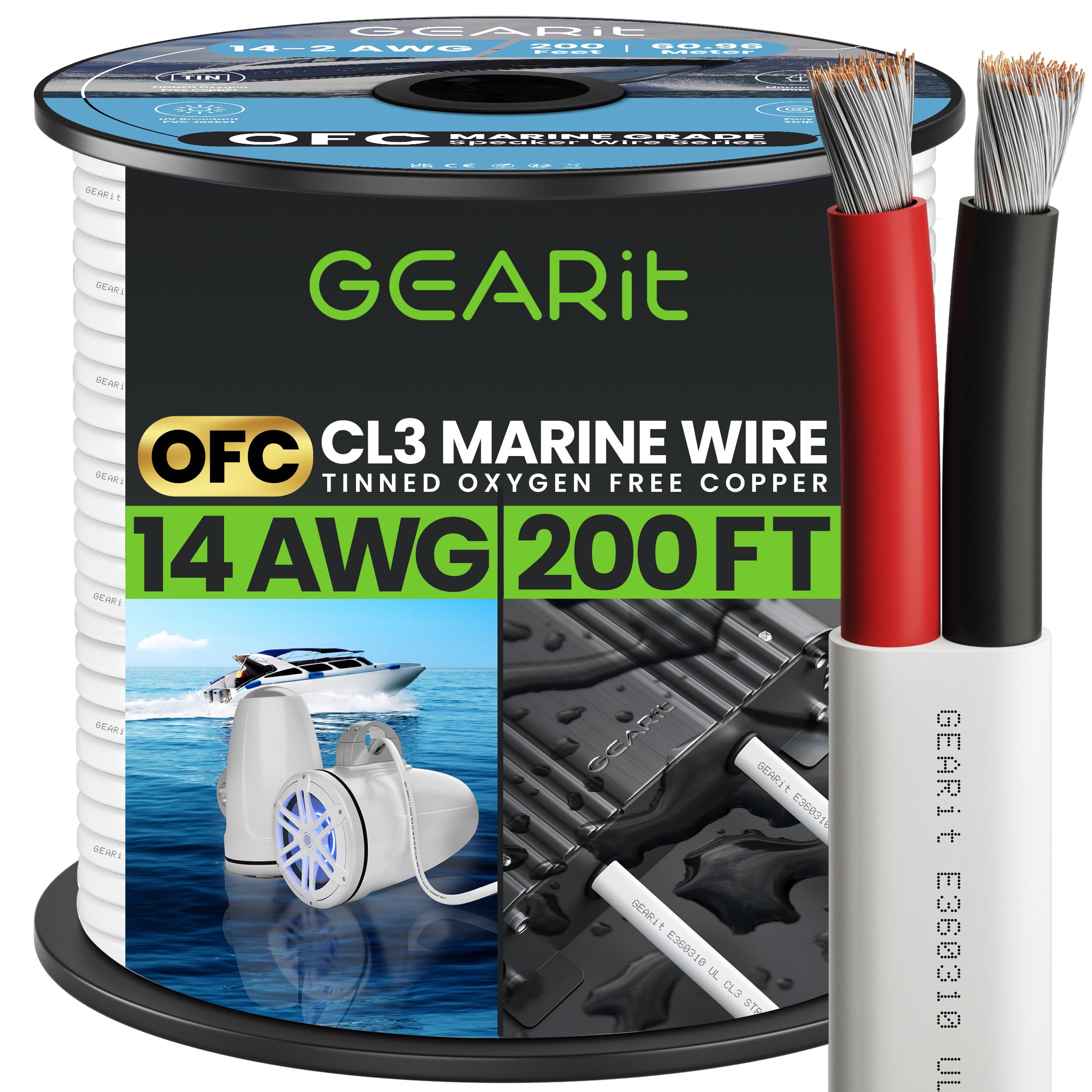 GearIT 14 AWG Marine Speaker Cable 200 Feet - Tinned Copper Boat Wire, 2 Conductor Duplex Electrical Grade Oxygen Free OFC - Perfect for Marine Audio Systems, Boat Stereo Installations & Outdoor Speakers