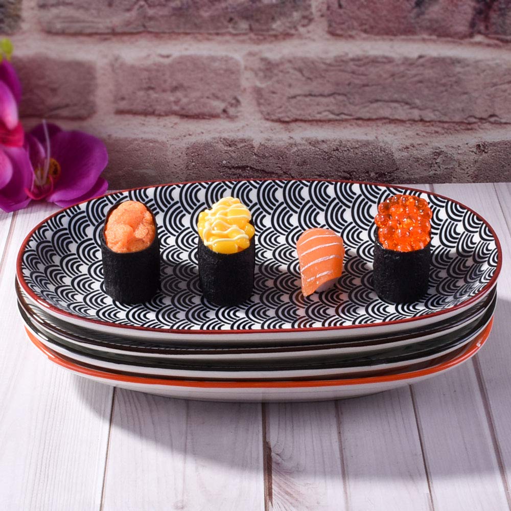 Premium Japanese Porcelain Sushi Plate Set - 4 Glazed Ceramic Dinner Plates 9.4 Inch Oval Fish Plates for Sushi, Appetizers & Asian Cuisine - Elegant Tableware for Restaurants, Home Dining & Parties