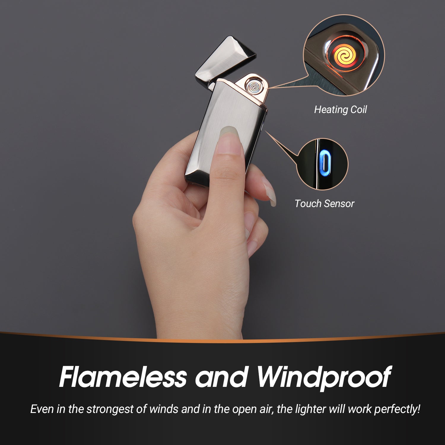 USB Rechargeable Windproof Flameless Electronic Lighter - Coil Touch Control, Waterproof & Eco-Friendly (Model EC225) - Perfect for Camping, Hiking, BBQ and Outdoor Adventures