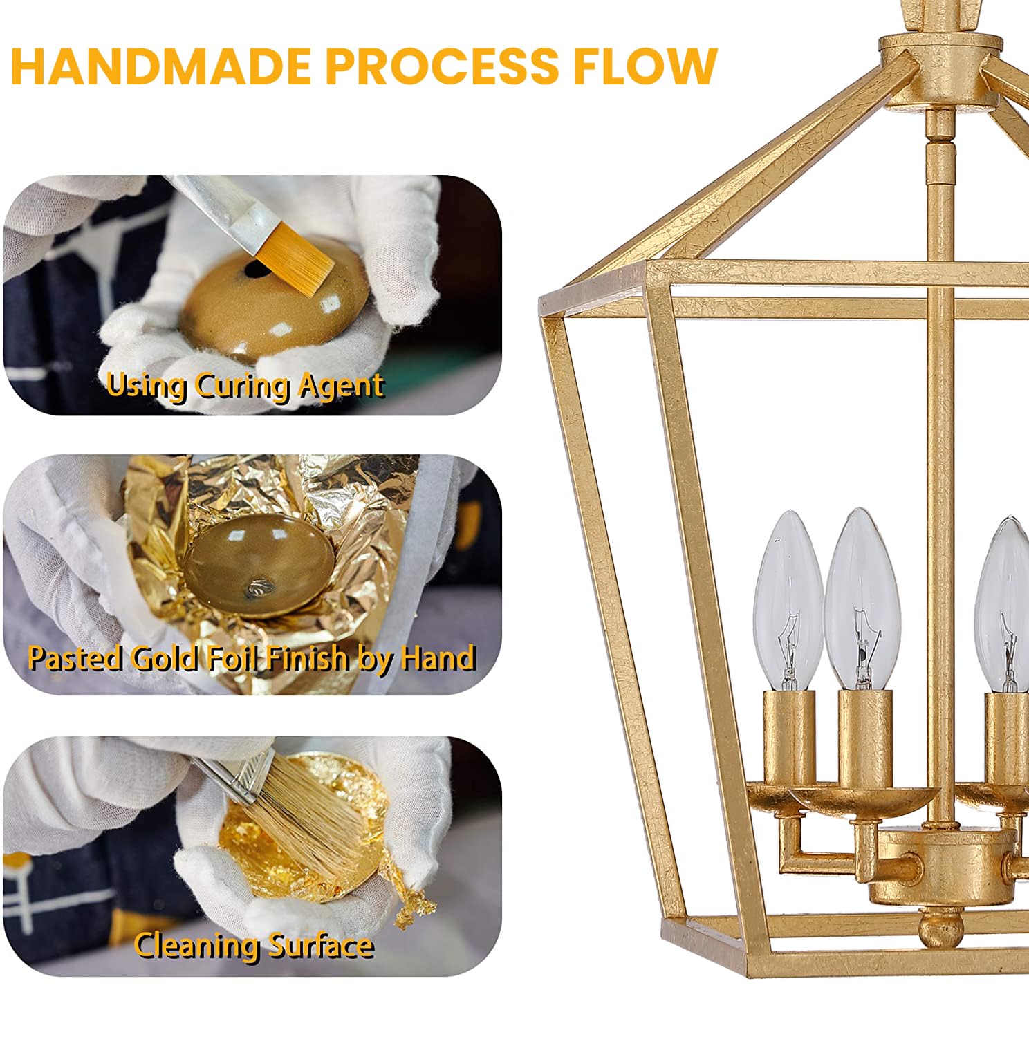 Untrammelife 4-Light Aged Gold Lantern Pendant Light - Adjustable Height Metal Geometric Chandelier with 12’’ Classic Cage Design & Hand-Pasted Gold Foil Finish - Perfect for Kitchen Island, Dining Room, Hallway, and Entryway Lighting