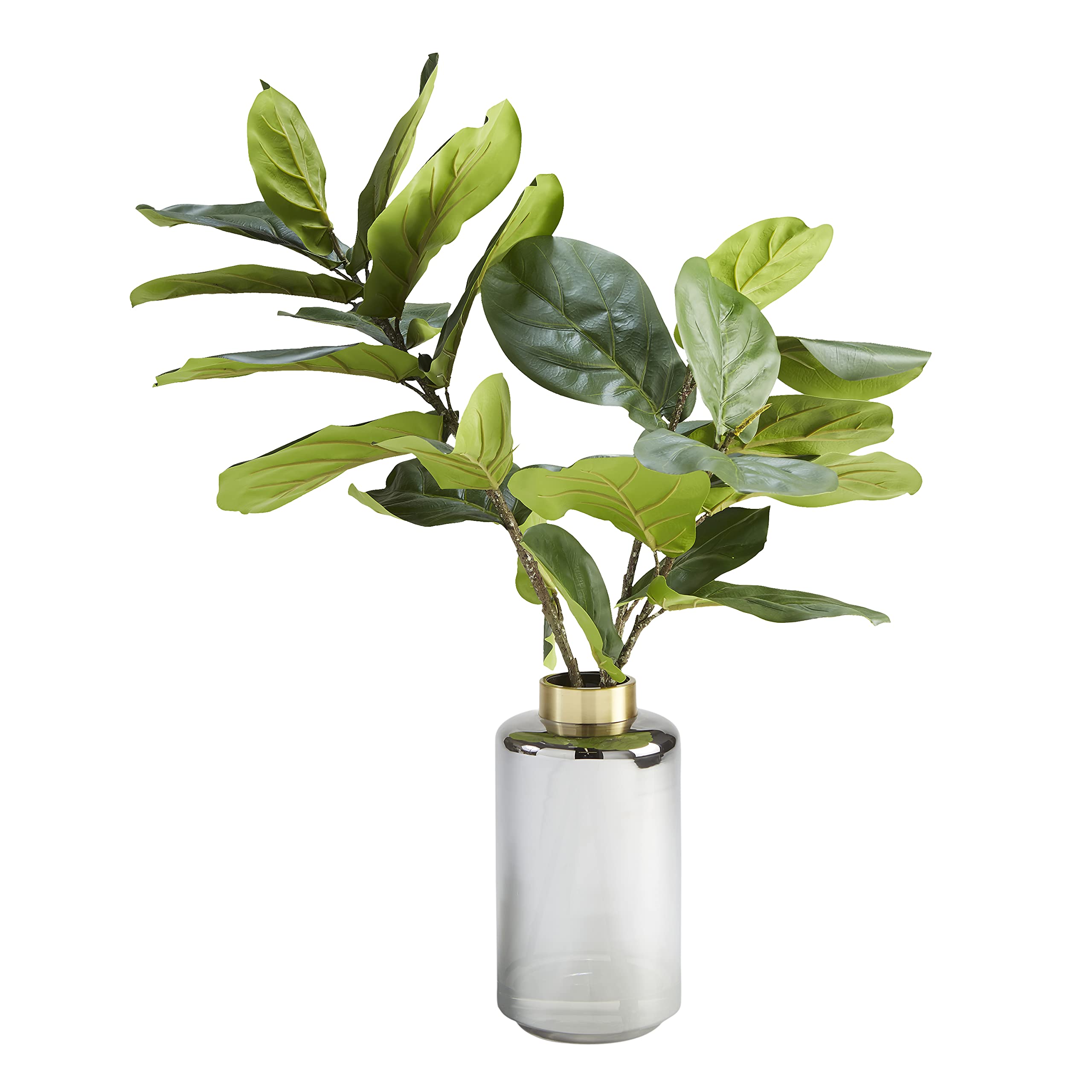 Fiddle Leaf Fig Branches in Smoked Glass Vase with Gold Accent - Elegant Home Decor for Living Room, Office & Wedding Centerpieces