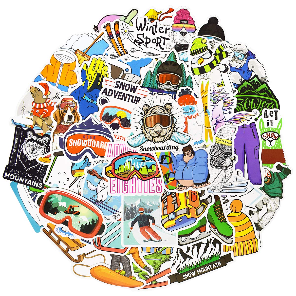 QTL Waterproof Vinyl Ski & Snowboard Stickers - 50Pcs Decorative Stickers for Helmets, Boards & Gear - Perfect for Kids, Teens & Adults - Great for Skiing, Snowboarding & Outdoor Adventures