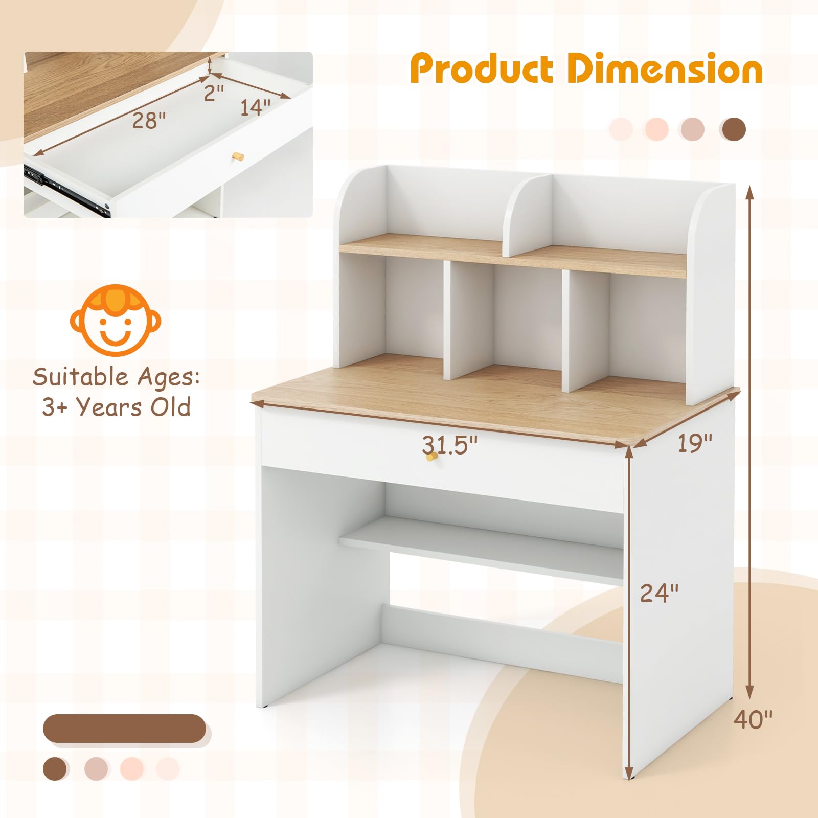 Costzon Kids Wooden Study Desk with Hutch, Drawer & Storage Shelf - Adjustable Student Writing Table & Computer Workstation for Home & School - Perfect Learning Desk for Boys & Girls Ages 3+ (White) - Ideal for Homework, Online Classes & Creative Activities