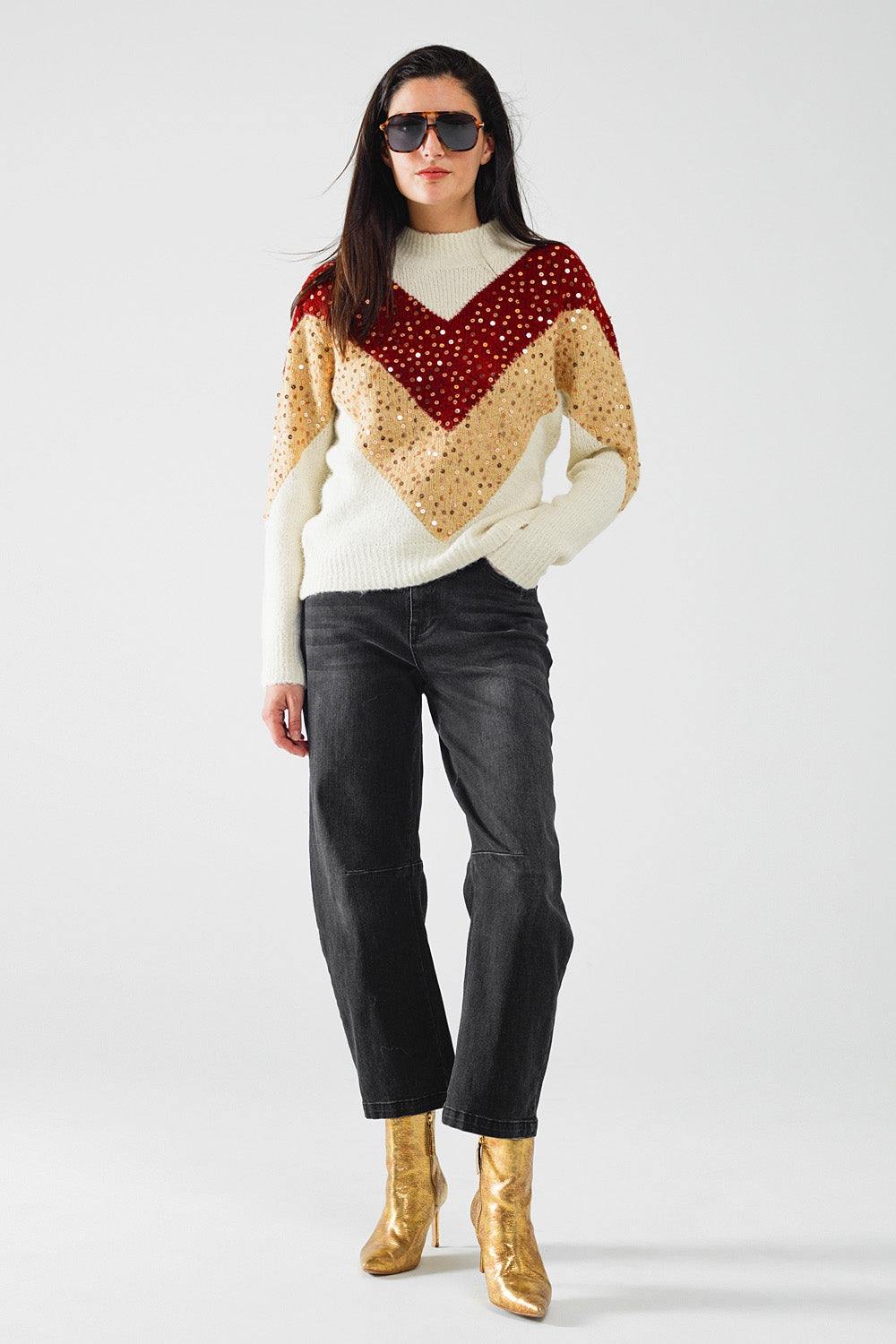 Color Block Bordeaux & Beige Knit Pullover Sweater with Sparkle Embellishments | Women's Fashion Winter Wear for Office & Holiday Parties