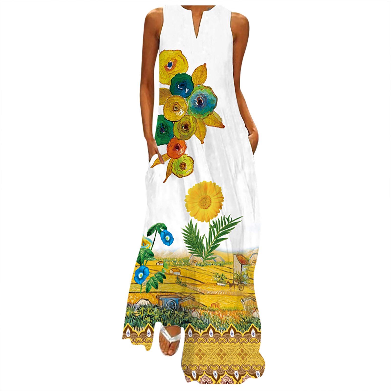 Elegant V-Neck Flowy Kaftan Dress for Women - Boho Printed Long Sleeveless Maxi Dress with Side Slit | Perfect for Wedding Guest, Beach Cover-Up & Summer Vacation Outfits