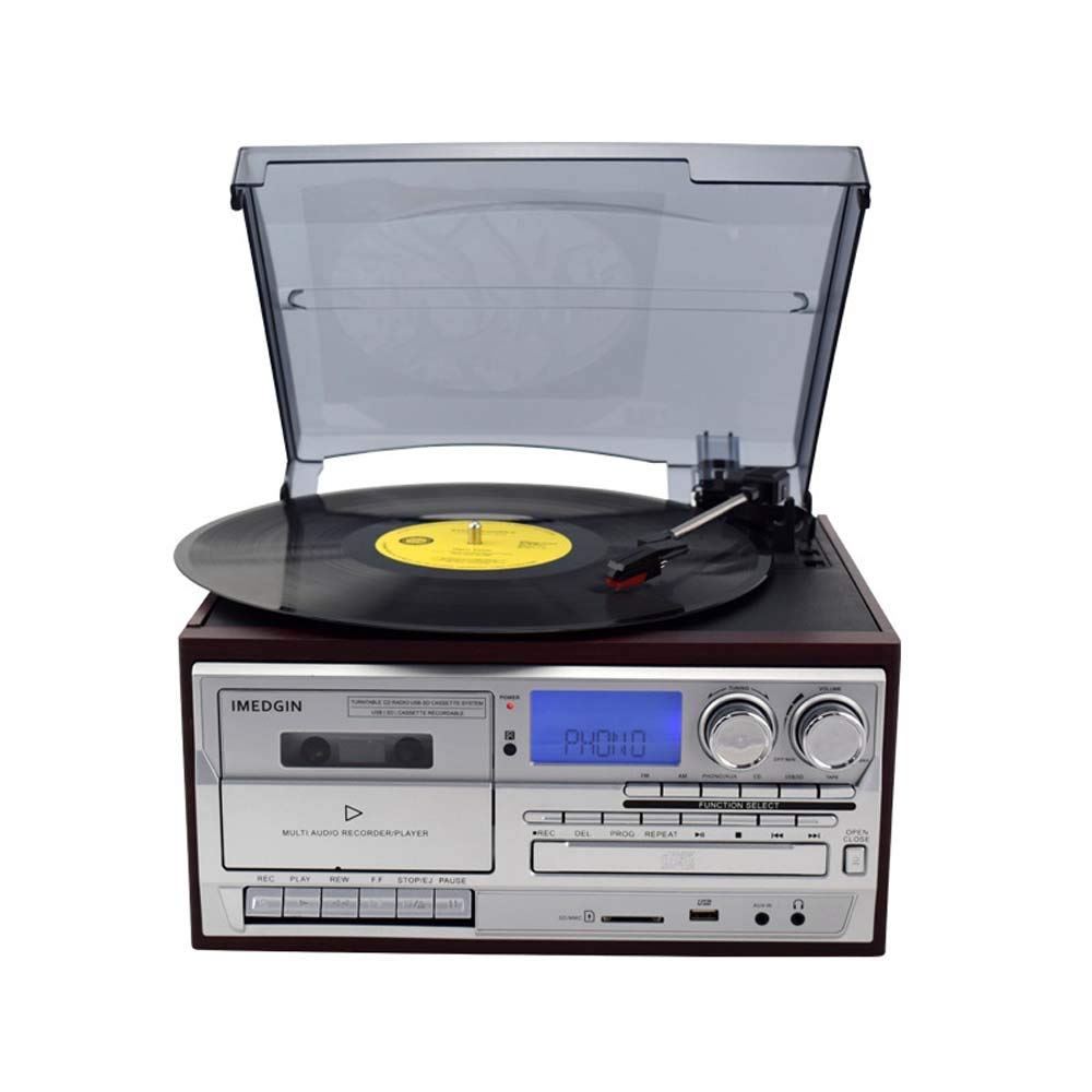 3-Speed Vinyl Record Player with Bluetooth, USB, CD Player & FM Radio - Modern Retro Turntable with Built-in Speakers & Remote Control - Perfect for Home, Office and Vintage Music Lovers