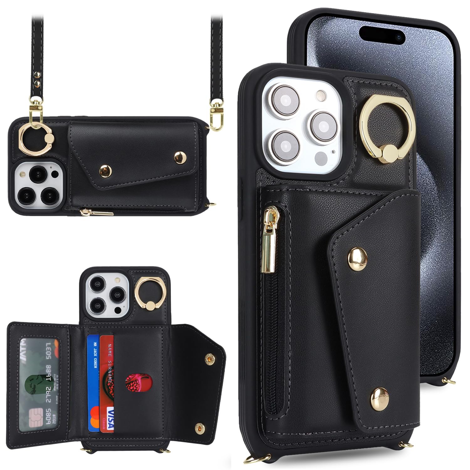 Premium iPhone 15 Pro Case with Card Holder & Crossbody Strap - 6.1 Inch Wallet Phone Case Featuring Zipper Pocket, Stand Ring & Credit Card Slots (Black) - Perfect for Women's Daily Use, Travel, Shopping & Hands-Free Convenience
