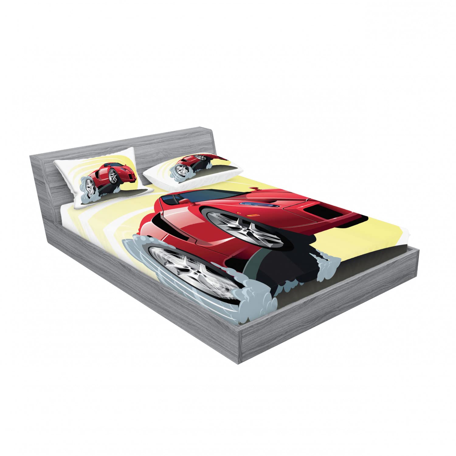 Ambesonne 2-Pack King Size Fitted Sheet & Pillow Sham Set - Cartoon Vehicle Design, 4-Piece Bedding Set (Red, Yellow, Grey) for Kids Room, Boys Bedroom Decor, Race Car Themed Nursery