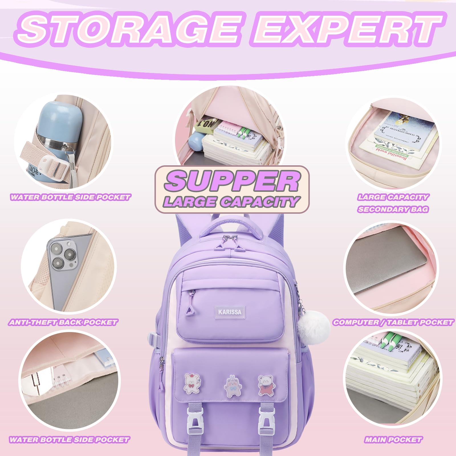 Stylish Purple School Backpack for Girls - Durable Middle & Elementary Student Bookbag with Large Capacity | Perfect for Teen Girls' Daily School Use, Travel & Outdoor Activities