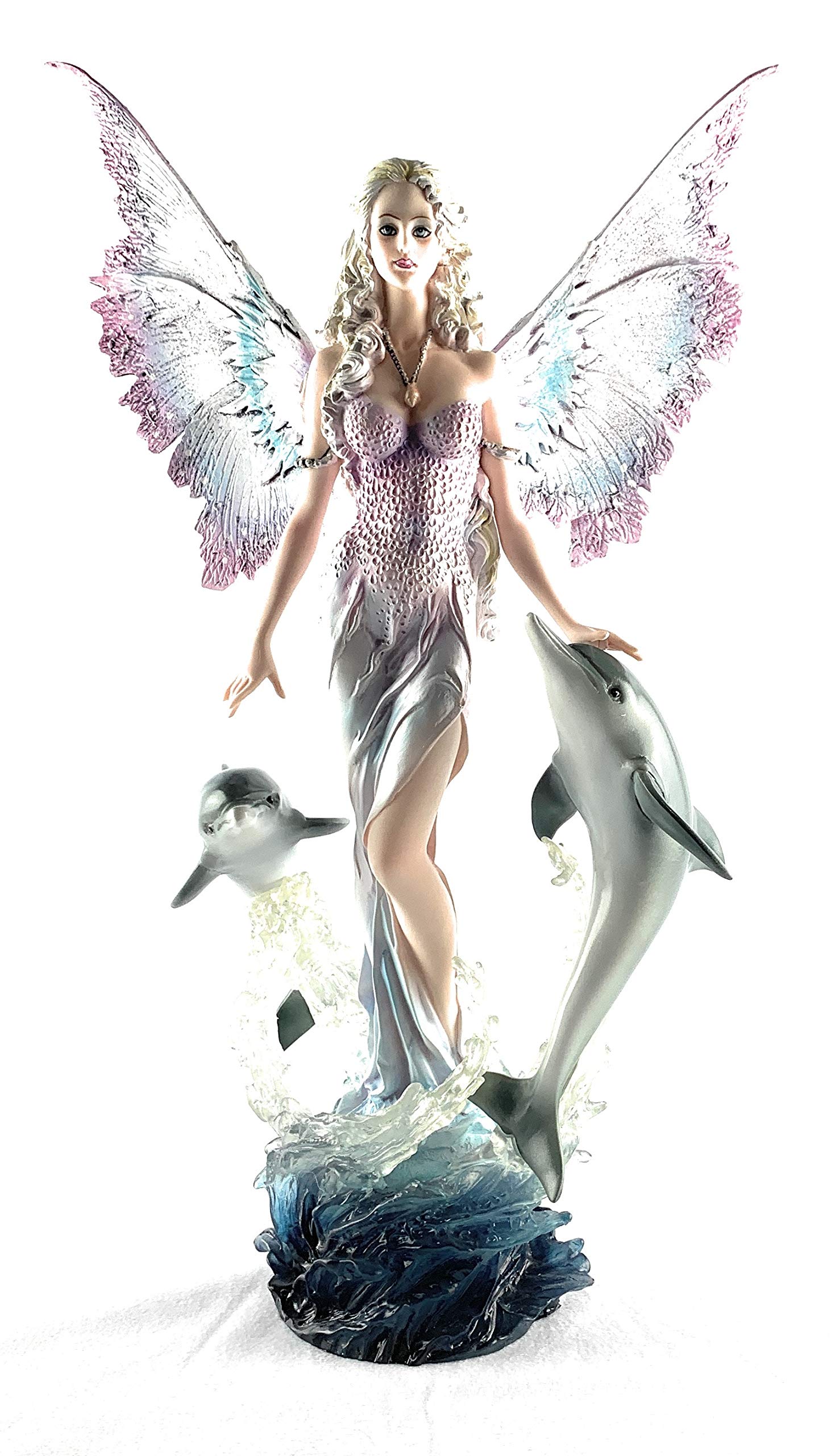 GSC Large Fairy with Dolphins Fantasy Collectible Statue Figurine - 17x10 Inches - Perfect for Home Decor, Gift Giving & Fantasy Lovers