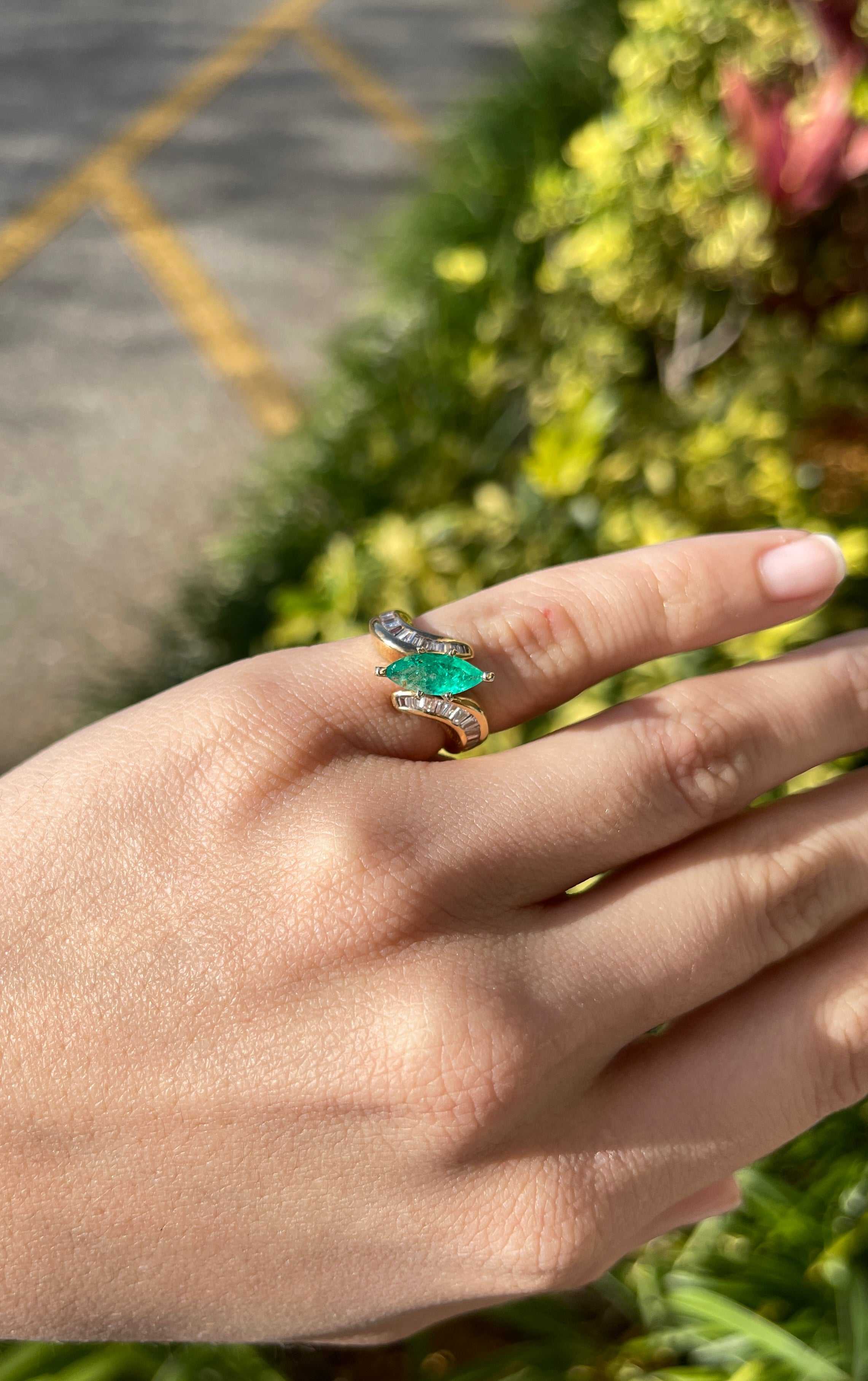 1.70tcw 14K Marquise Emerald & Channel Set Diamond Baguette Statement Ring - Elegant Jewelry for Weddings, Anniversaries & Special Occasions