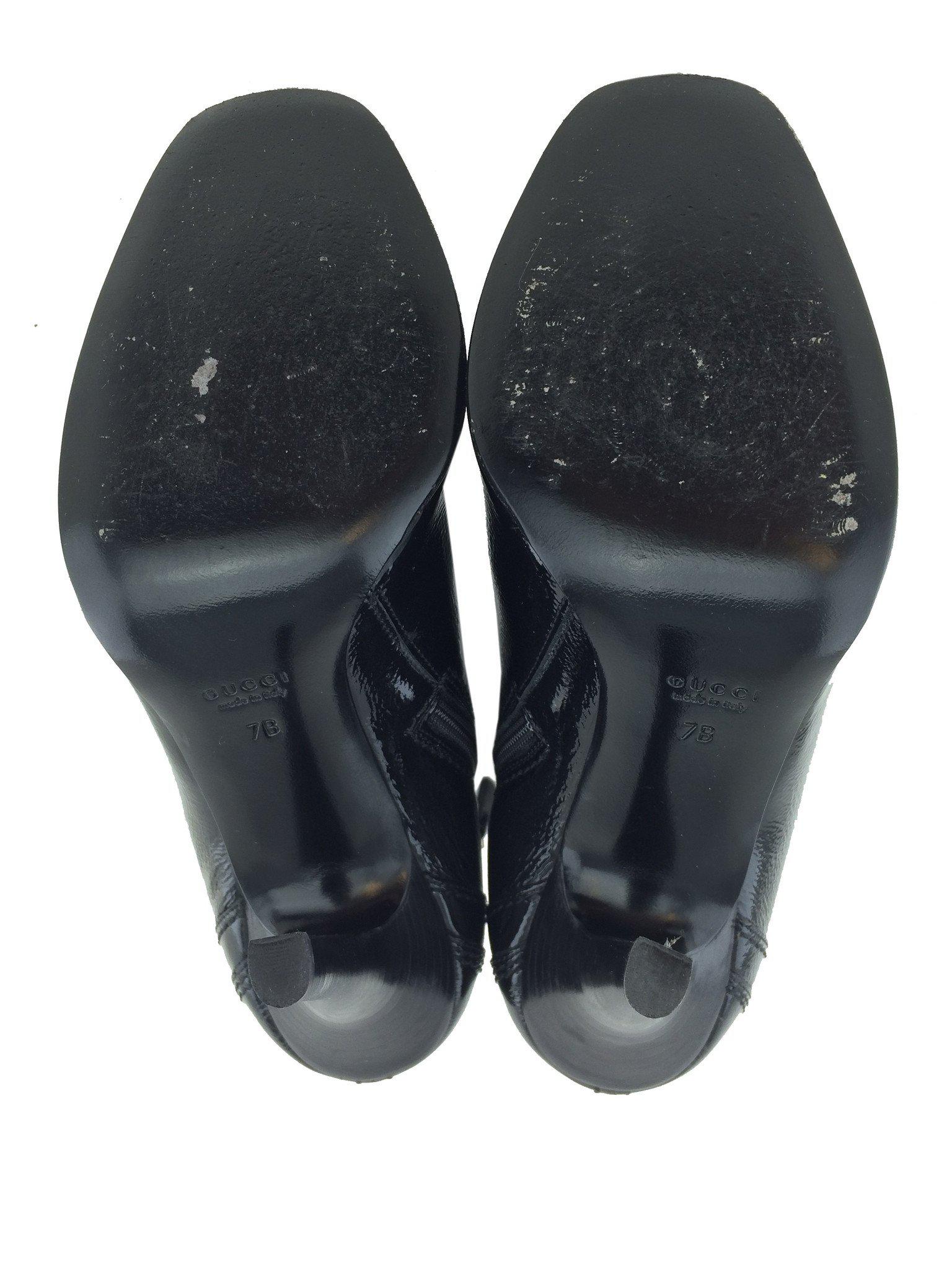 Gucci Women's Patent Leather Ankle Boots Size 7 - Stylish Pointed Toe Block Heel Booties for Office, Party & Night Out