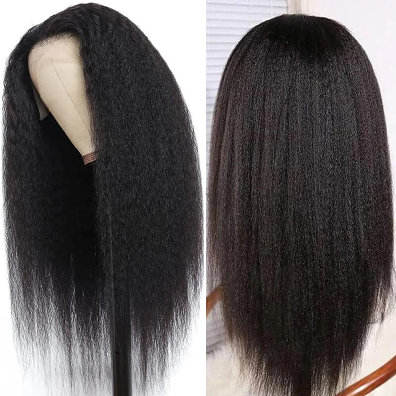 Kinky Straight Human Hair Wigs with Pre-Plucked Lace Frontal - Natural Looking & Breathable for Daily Wear, Parties & Cosplay