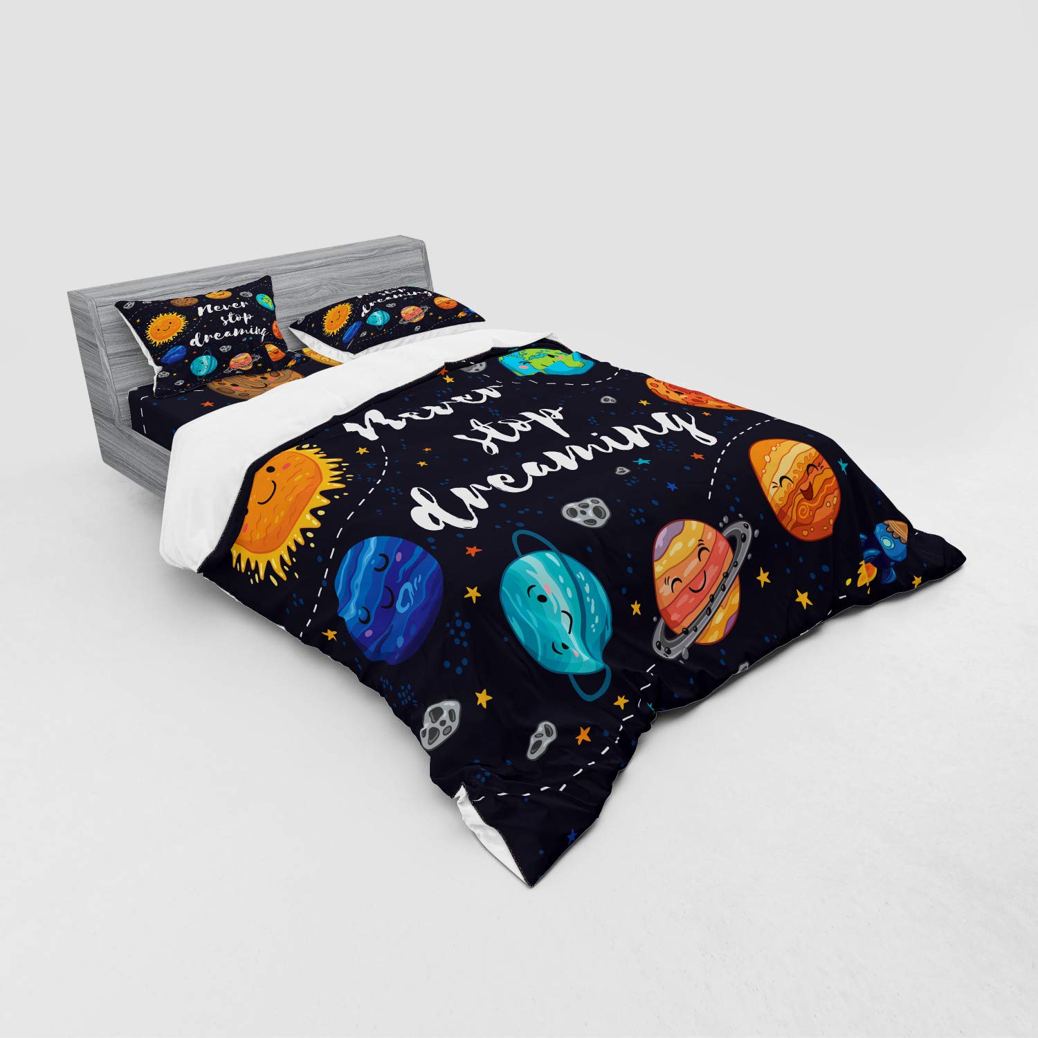 Ambesonne Outer Space Planets Bedding Set - 4 Piece Duvet Cover with Shams & Fitted Sheet, California King Size, Vibrant Solar System Galaxy Print - Perfect for Astronomy Lovers' Bedroom Decor