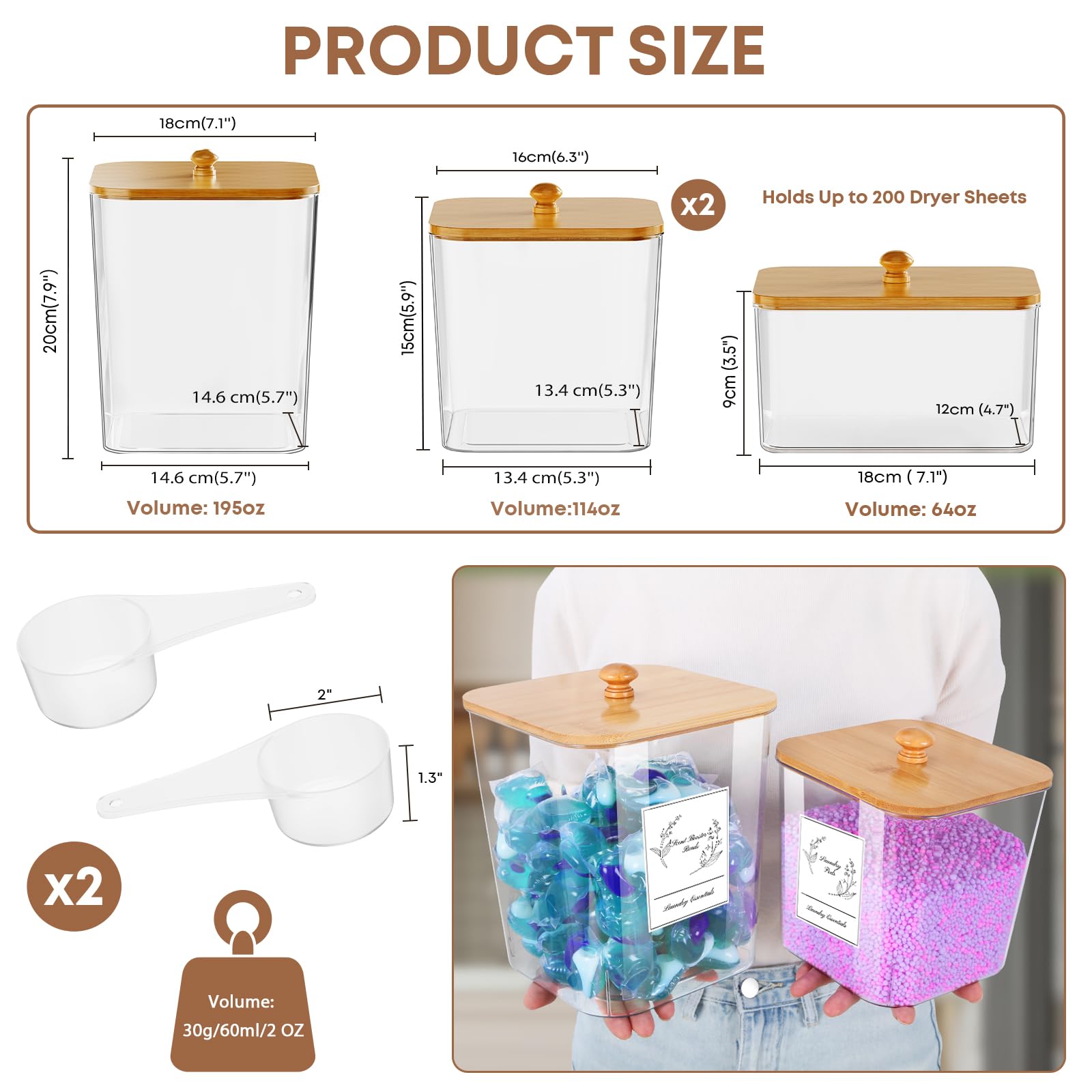 4 Pack Clear Plastic Laundry Pods Container & Dryer Sheet Holder - Square Laundry Room Storage Jars with Lids, Scoops & Labels for Detergent, Powder, Dryer Balls & Beads - Perfect for Organized Laundry Room, Closet & Utility Room Storage
