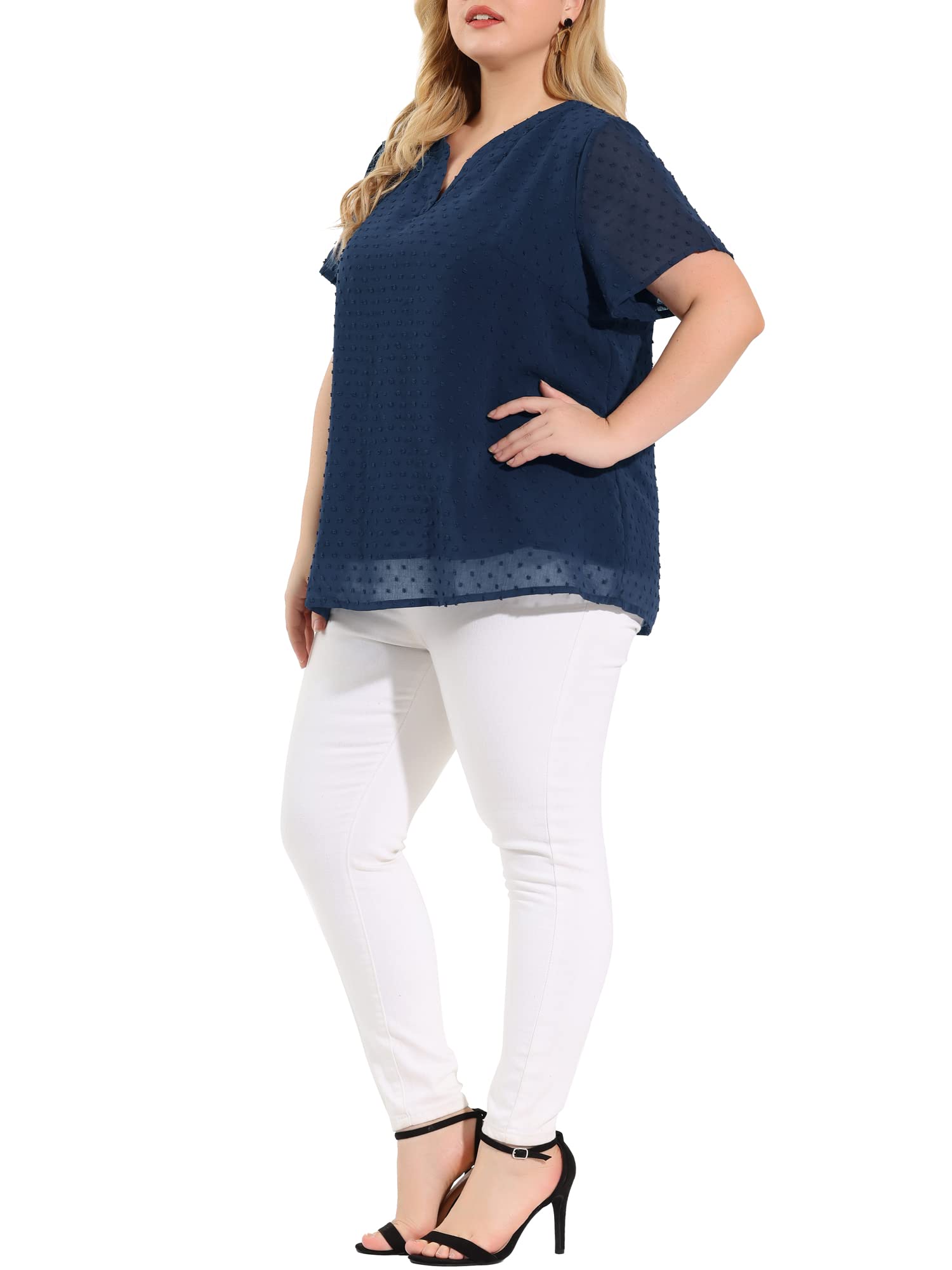 Agnes Orinda Plus Size Women's Summer Tops - Swiss Dot Print Notched Neck Short Sleeve Blouse | Casual Office Wear & Vacation Outfit