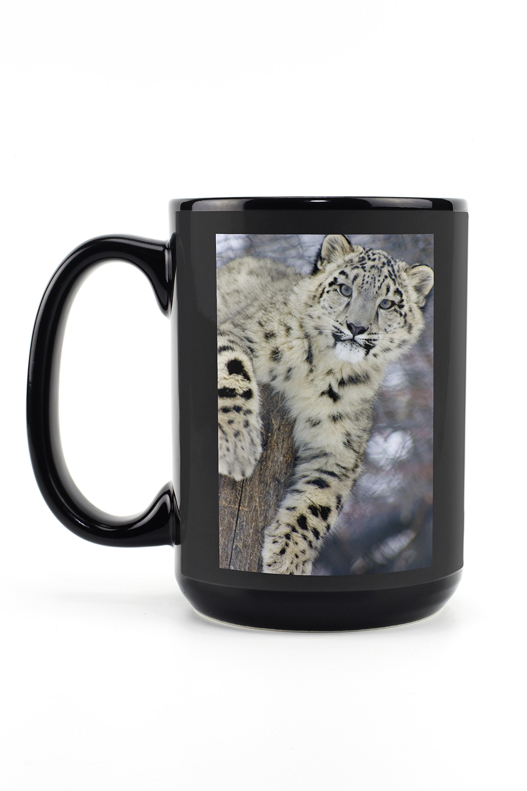 Lantern Press Snow Leopard 15oz Black Ceramic Coffee Mug - Microwave & Dishwasher Safe - Perfect for Hot Tea, Office Use & Gift Giving