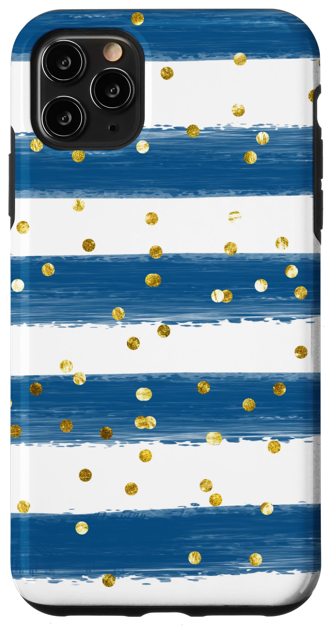 iPhone 11 Pro Max Case - Aesthetic White & Blue Stripes with Gold Polka Dots - Slim Protective Cover for Everyday Use, Work & Travel