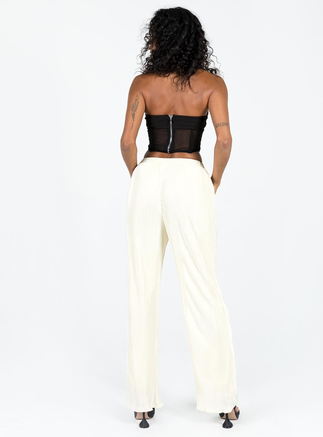Blakey Plisse Pants for Women - High Waisted Champagne Wide Leg Trousers - Comfortable Stretchy Lounge Pants for Work, Travel & Casual Wear